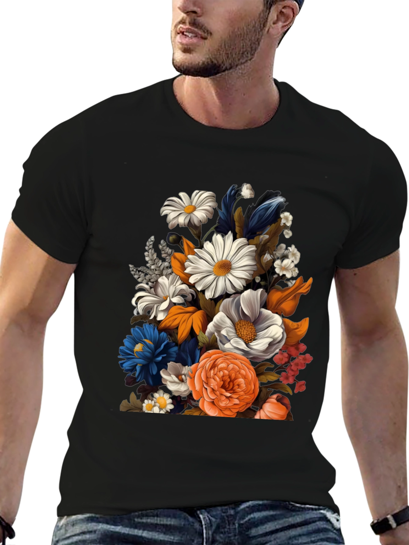 Black Floral Print Black T-Shirt for Men view 6