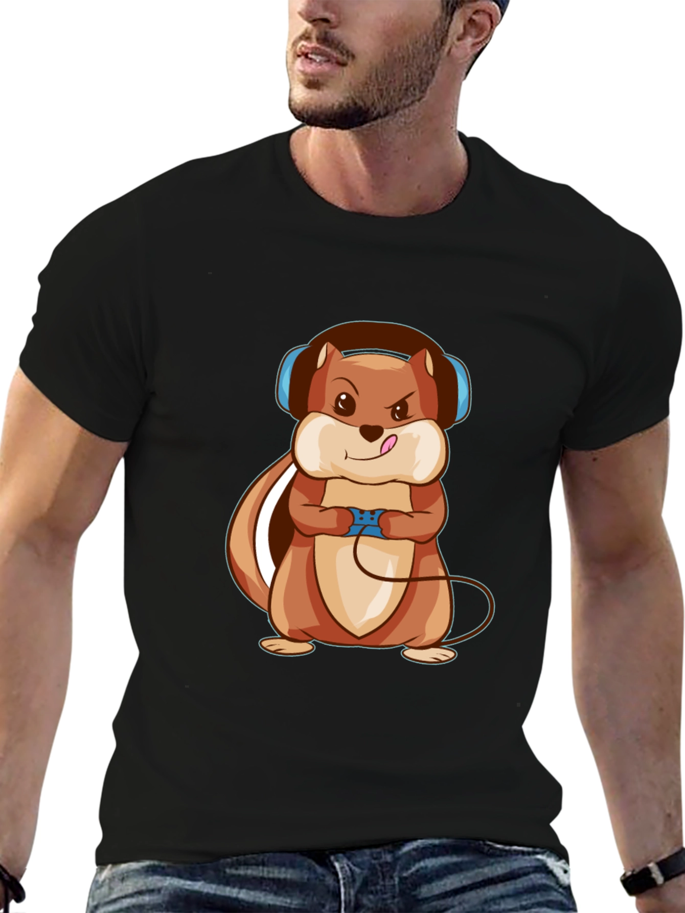 Black Gamer Squirrel Graphic Tee - Black Cotton T-Shirt view 6