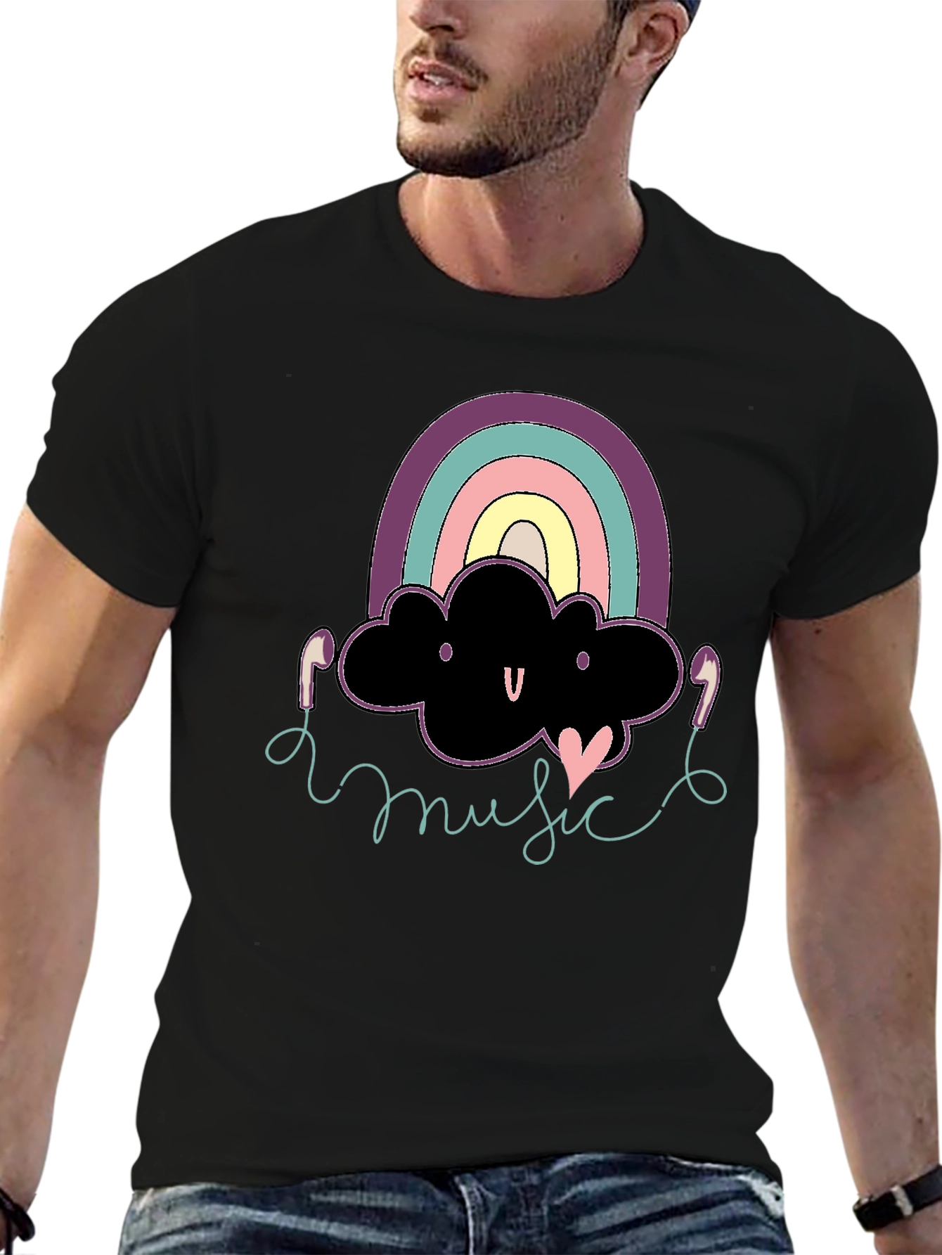 Black Rainbow Cloud Music T-Shirt Cute Design Black Cotton view 6