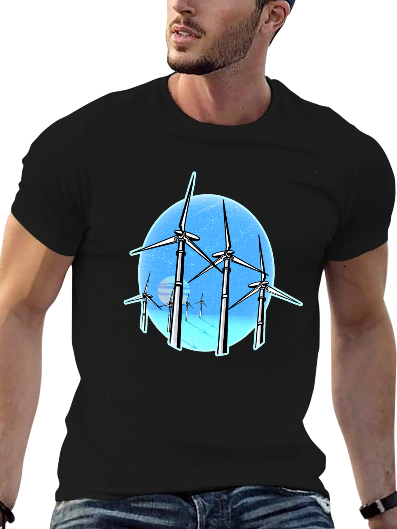 Black Wind Turbine Graphic Tee - Black Cotton Blend view 6