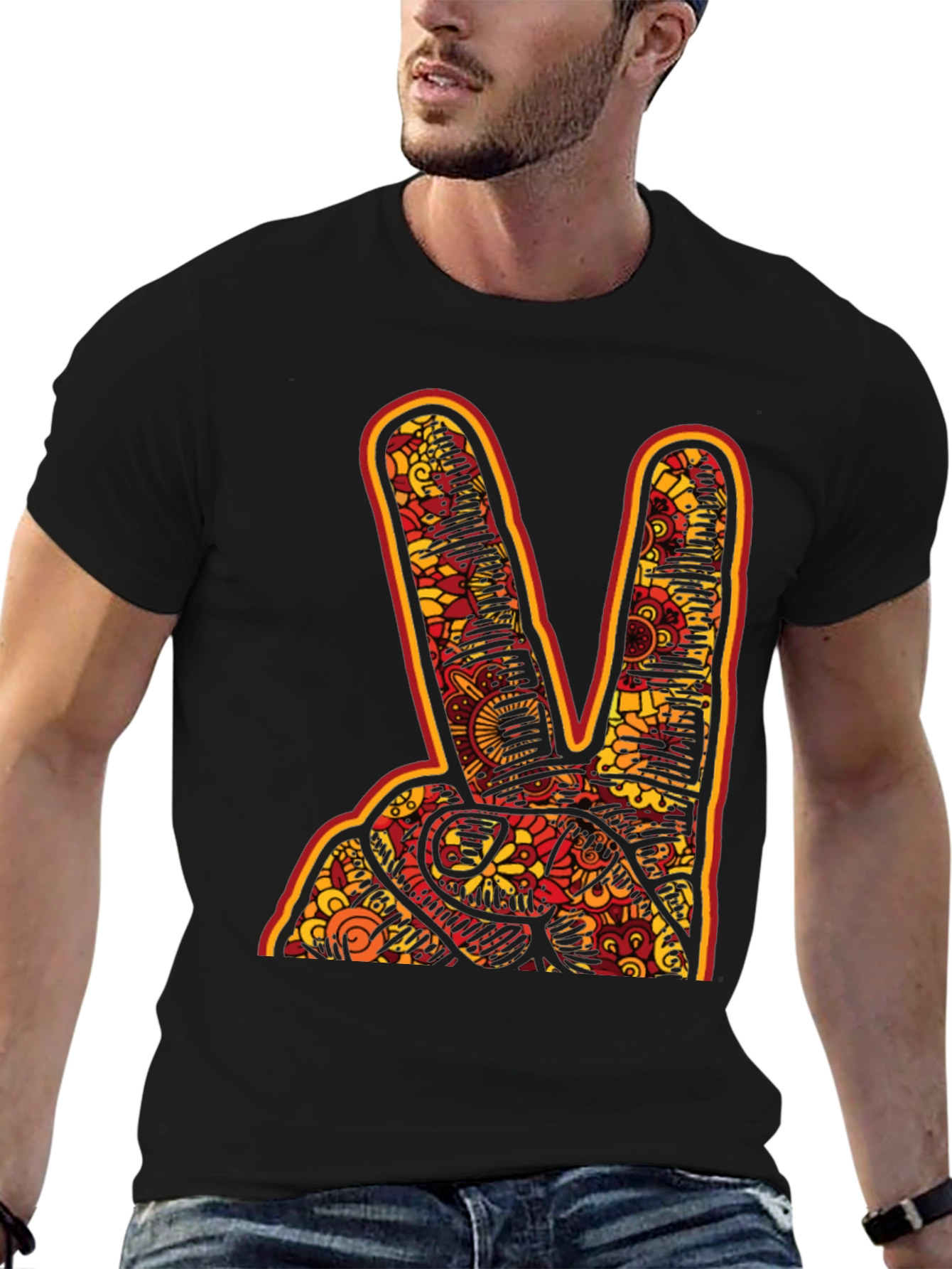 Black Peace Sign Graphic Tee - Bold Patterned Hand view 6