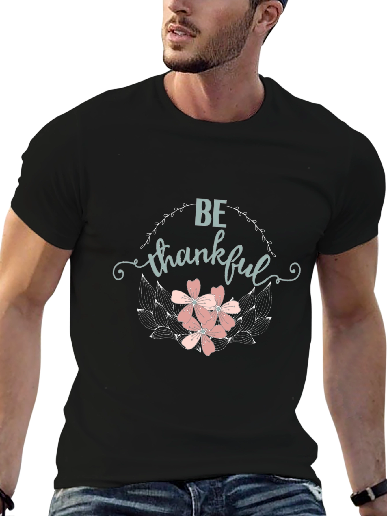 Black Be Thankful Floral Graphic T-Shirt view 6
