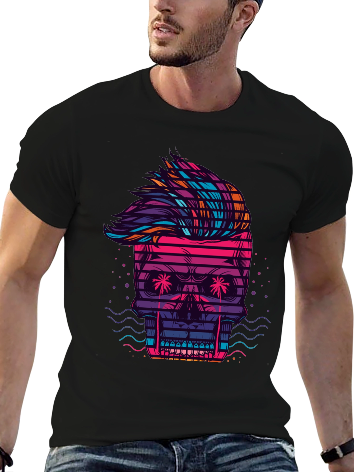 Black Neon Skull Graphic Tee - Retro Wave Style view 6