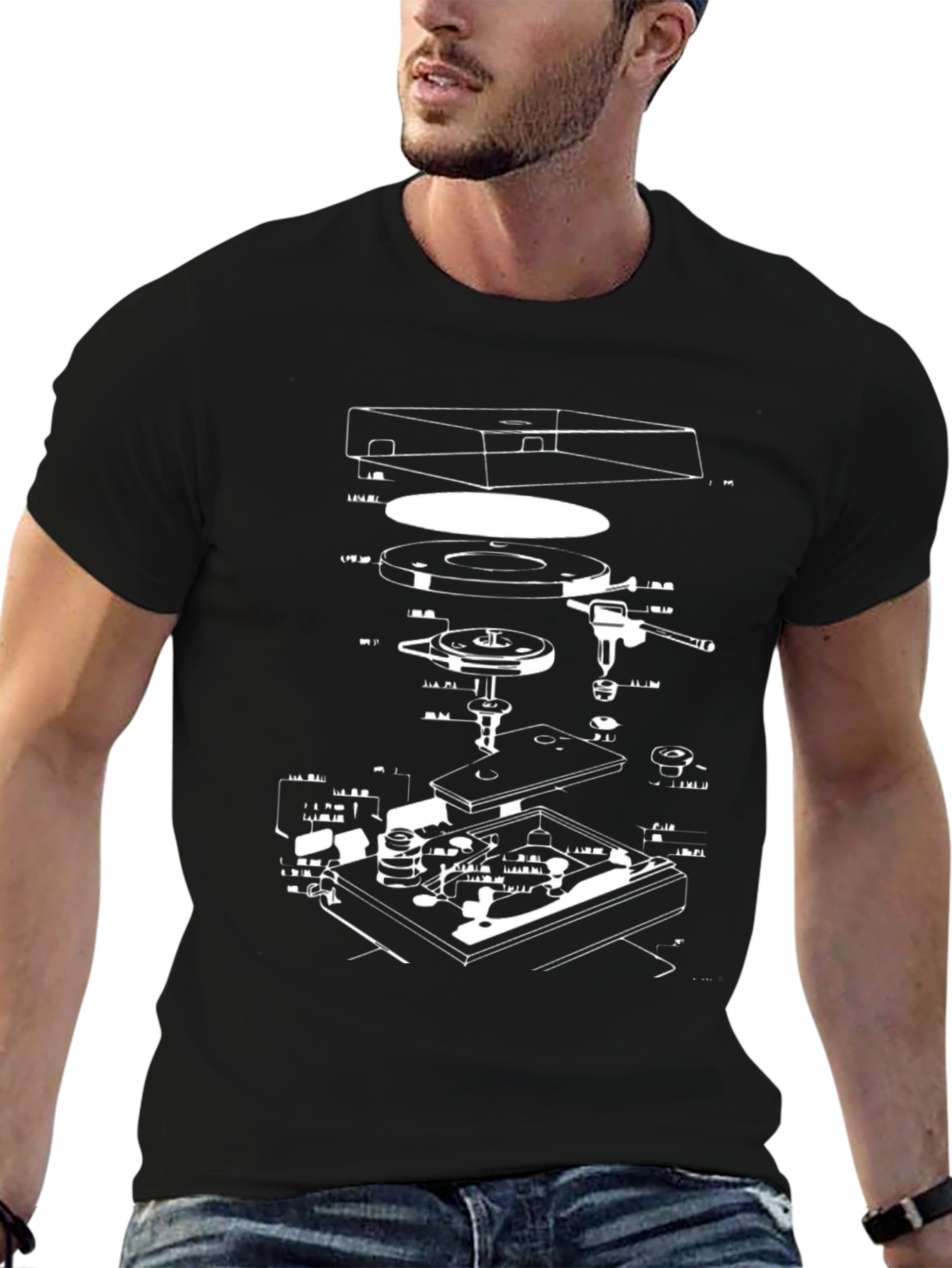 Black Retro Turntable Schematic Graphic T-Shirt view 6
