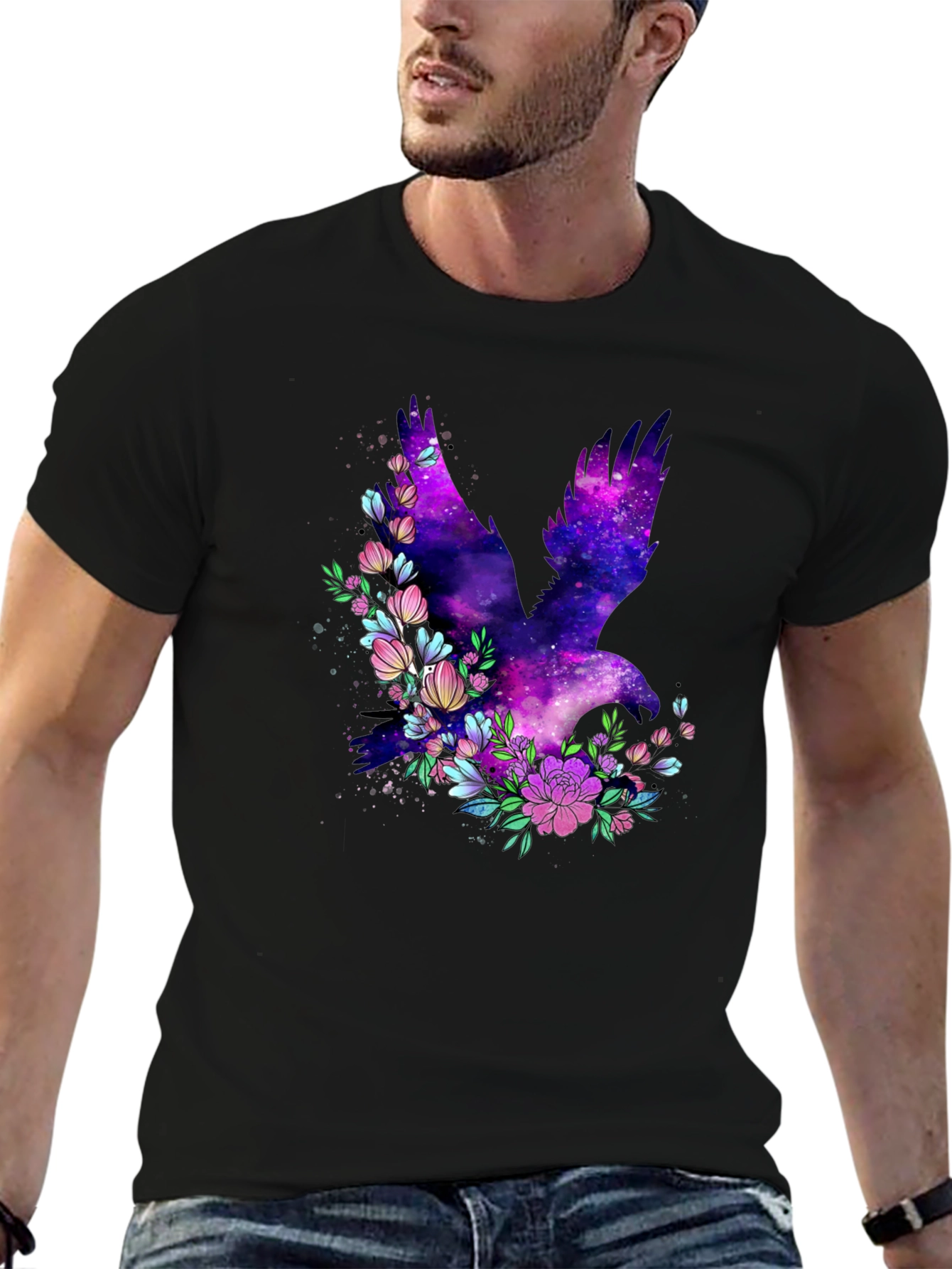 Black Galaxy Bird Floral Graphic T-Shirt view 6