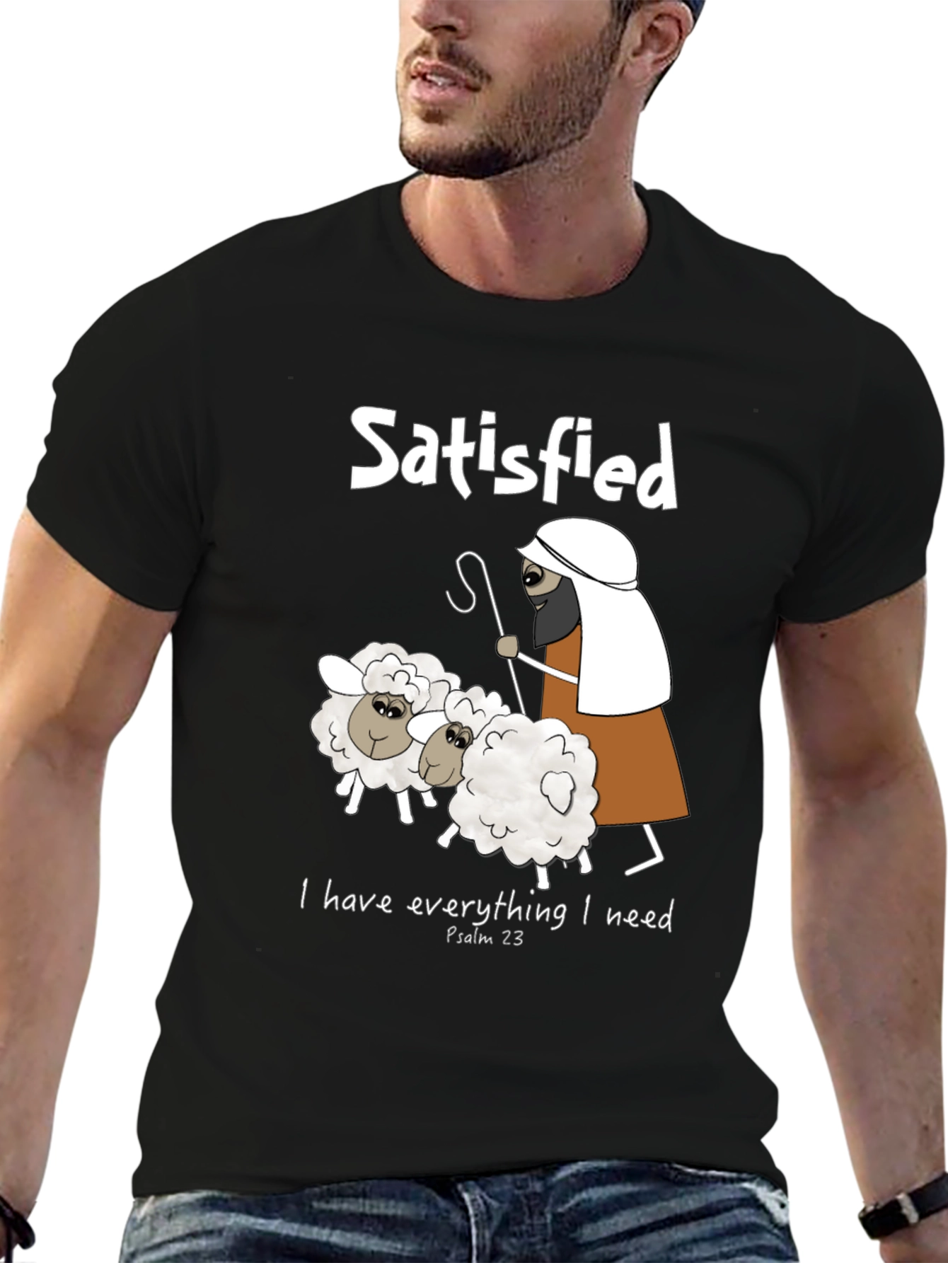 Black Satisfied Shepherd & Sheep T-Shirt, Psalm 23 view 6