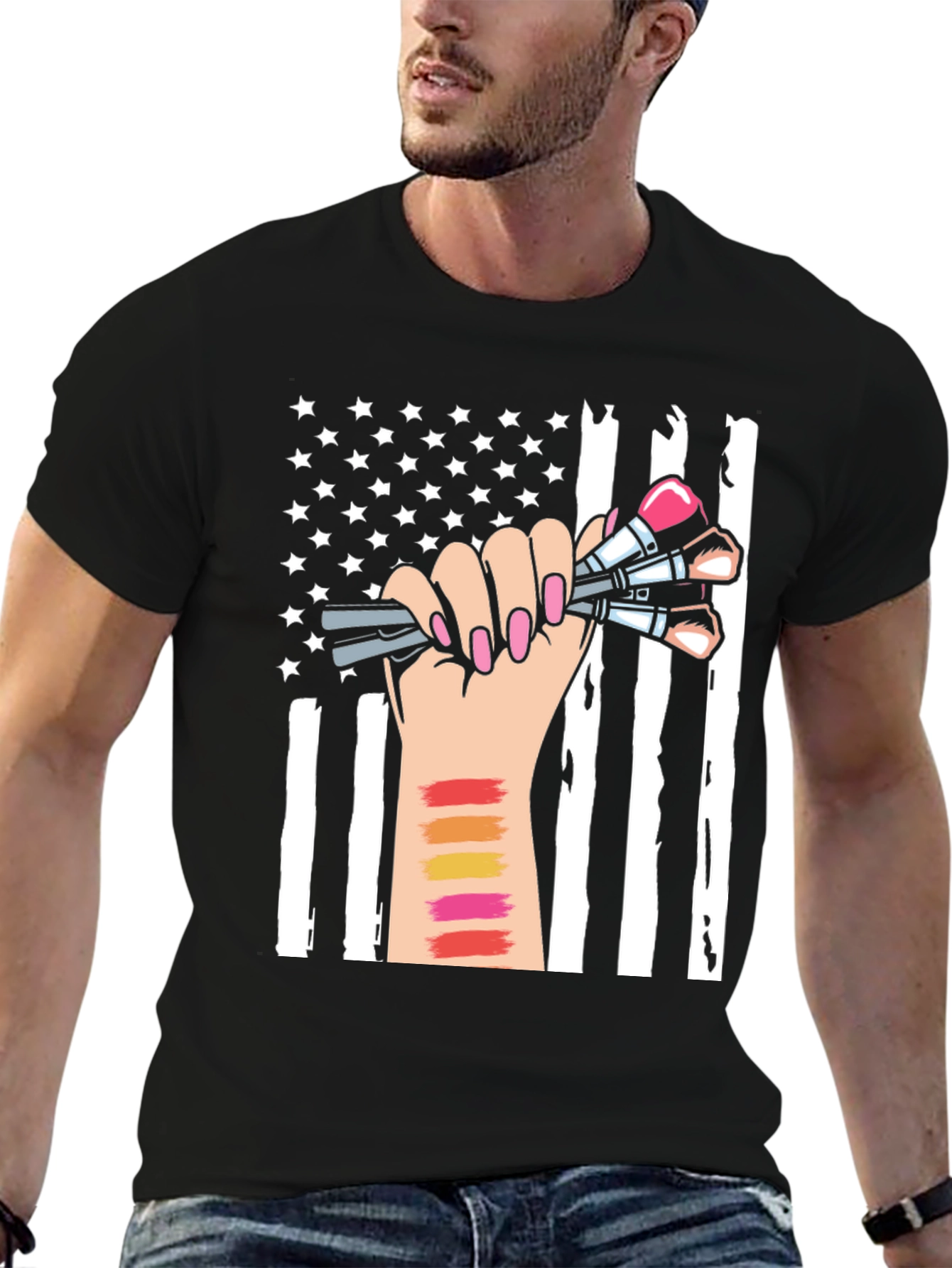Black Makeup Artist American Flag T-Shirt view 6
