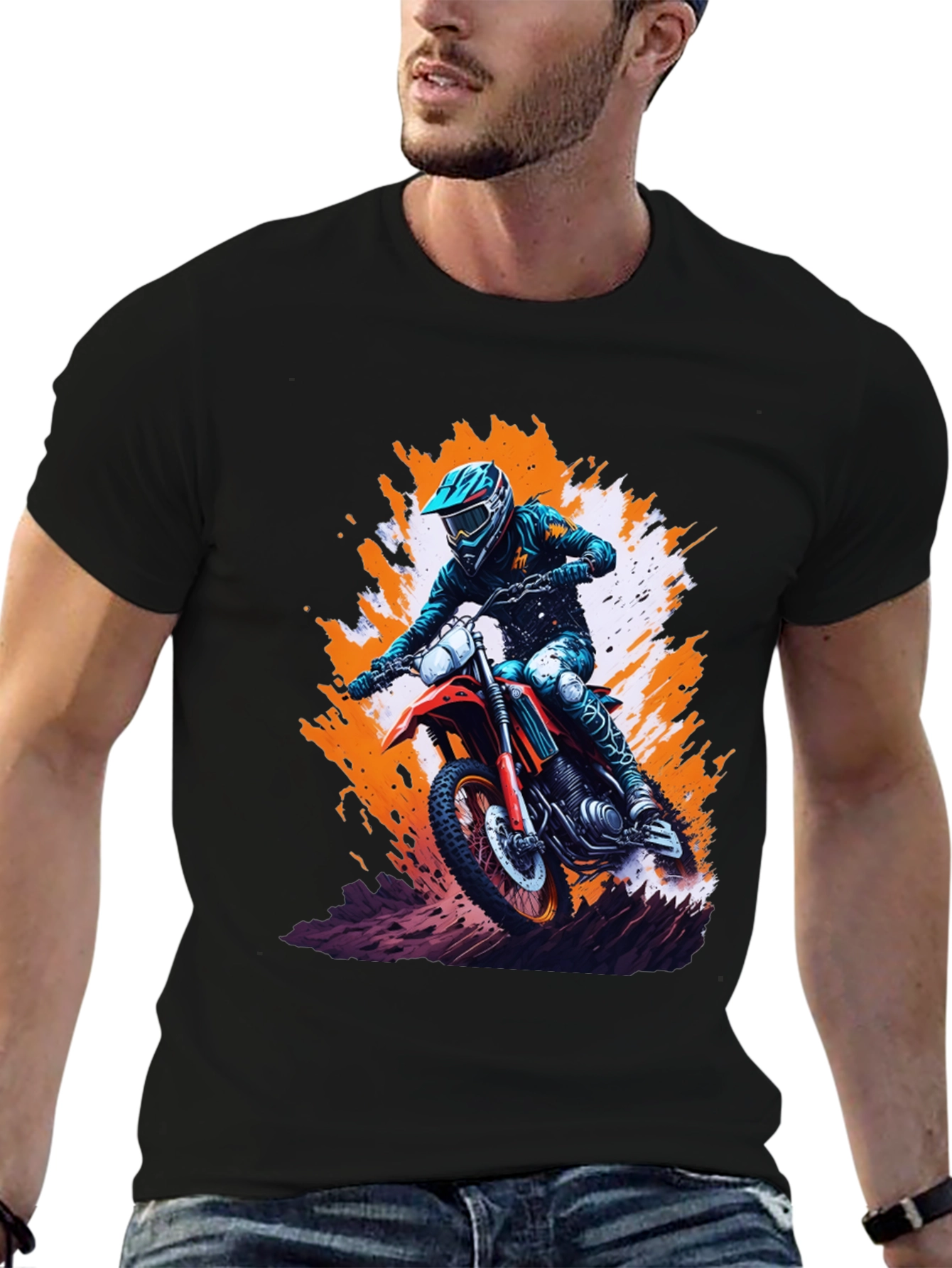Black Motocross Rider Graphic Tee - Black Cotton Blend Shirt view 6