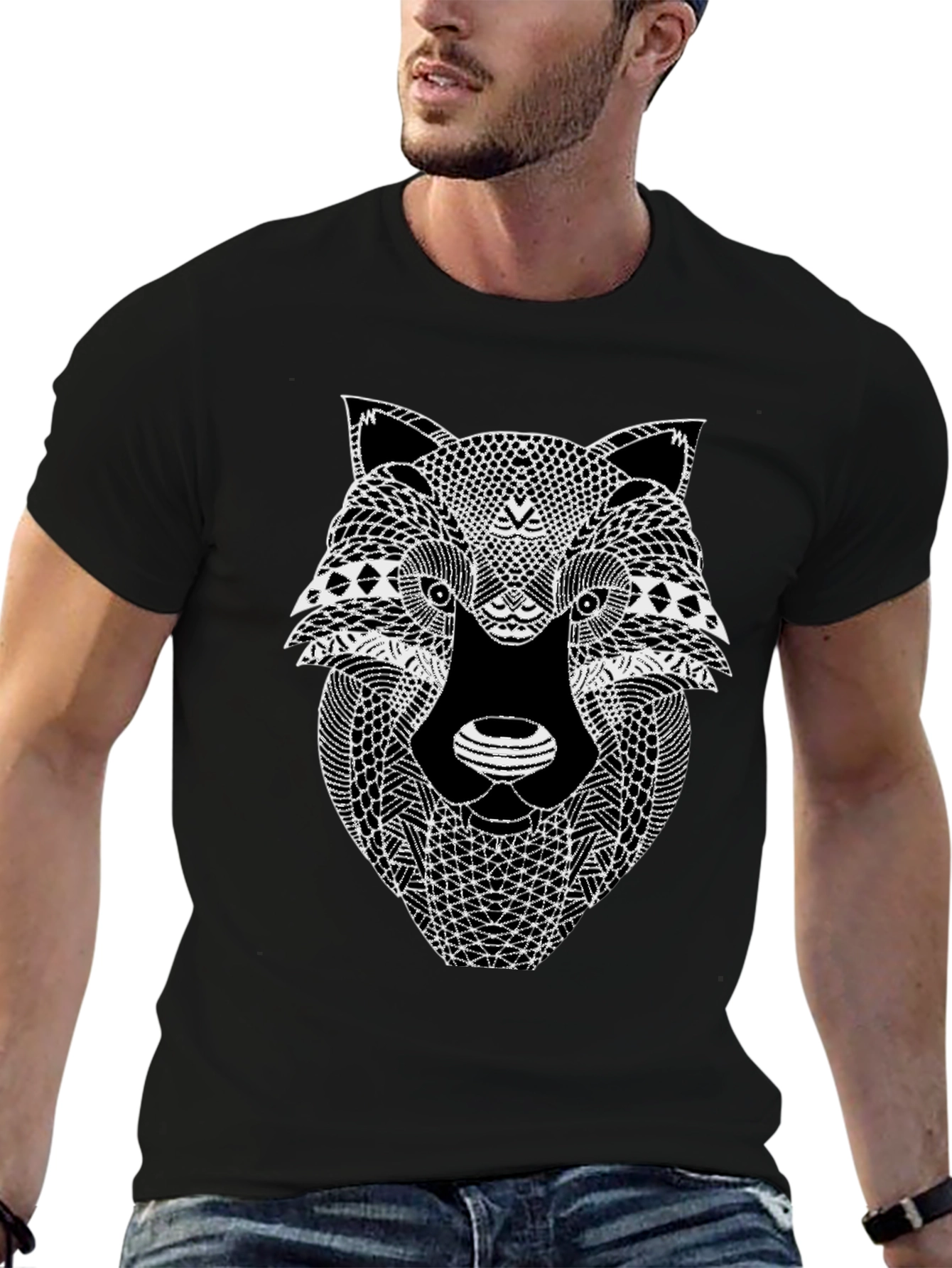Black Wolf Graphic Print Men's Black T-Shirt view 6