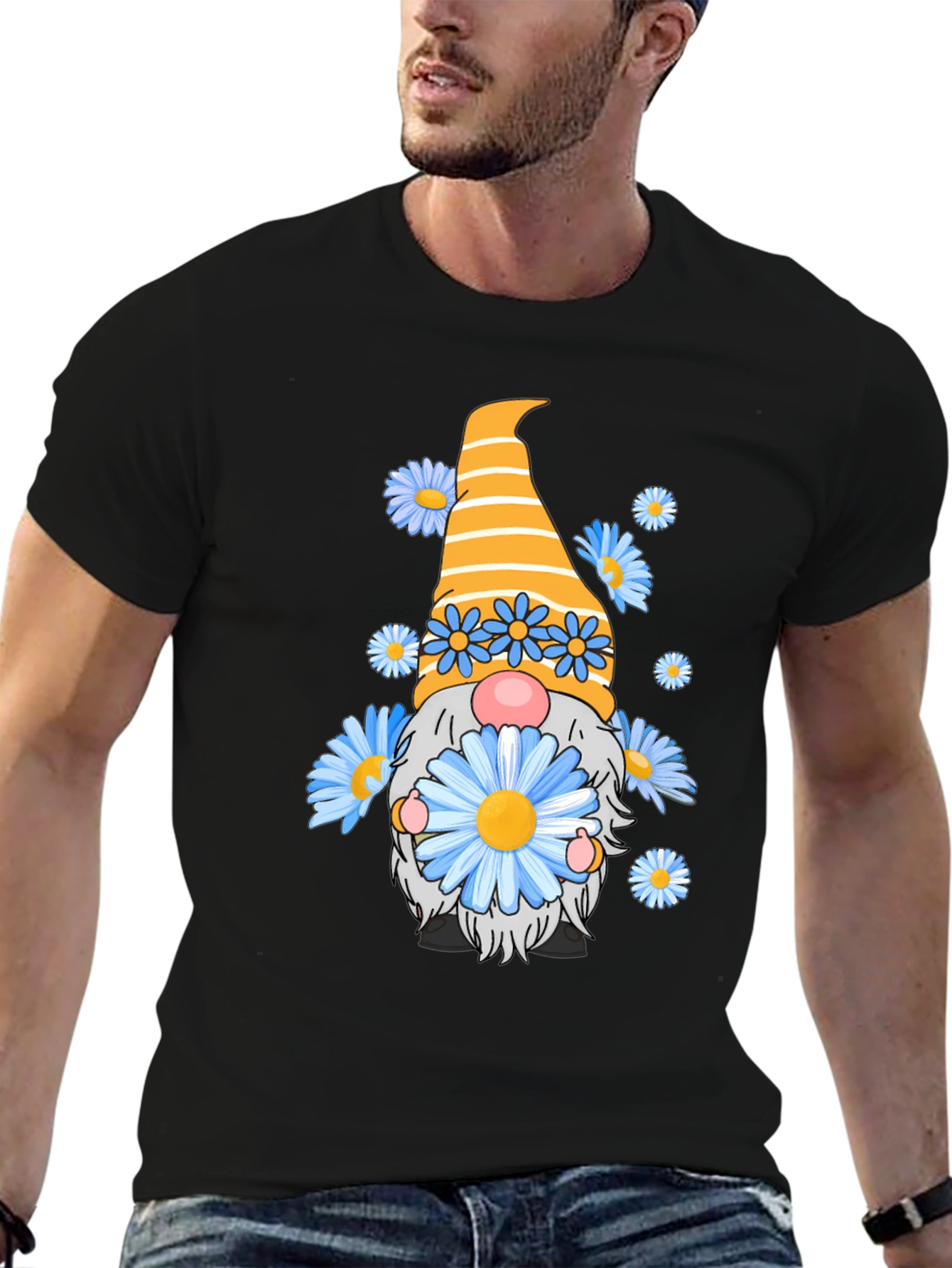Black Gnome with Flowers Black T-Shirt view 6