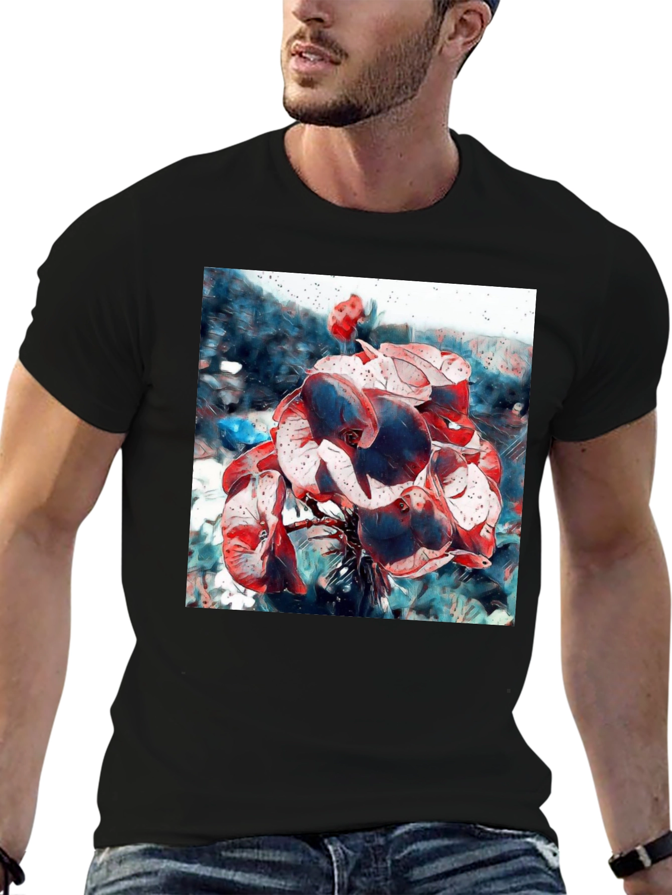 Black Abstract Floral T-Shirt - Artistic Botanical Design view 6