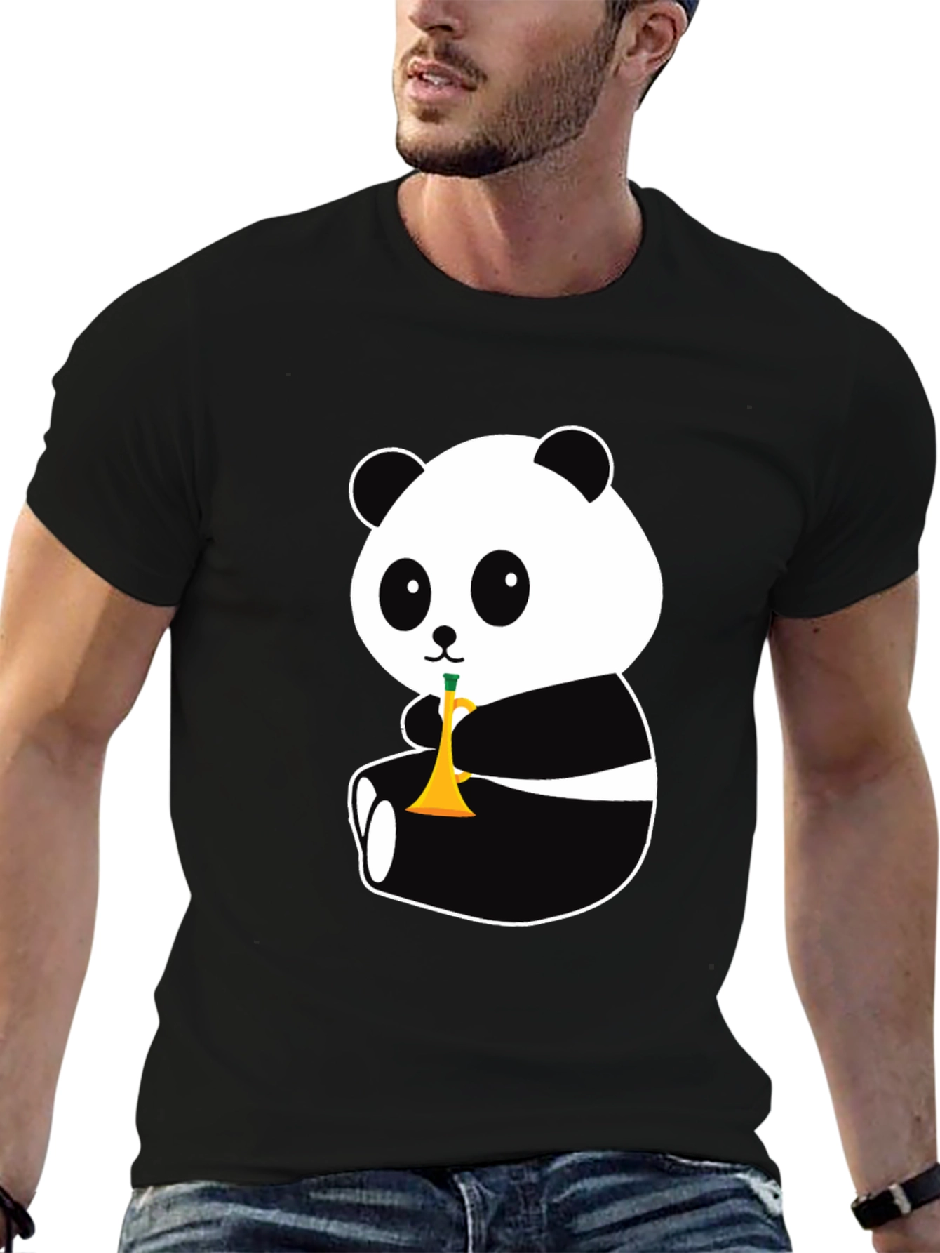 Black Panda Trumpet Black T-Shirt - Cute Cartoon Design view 6