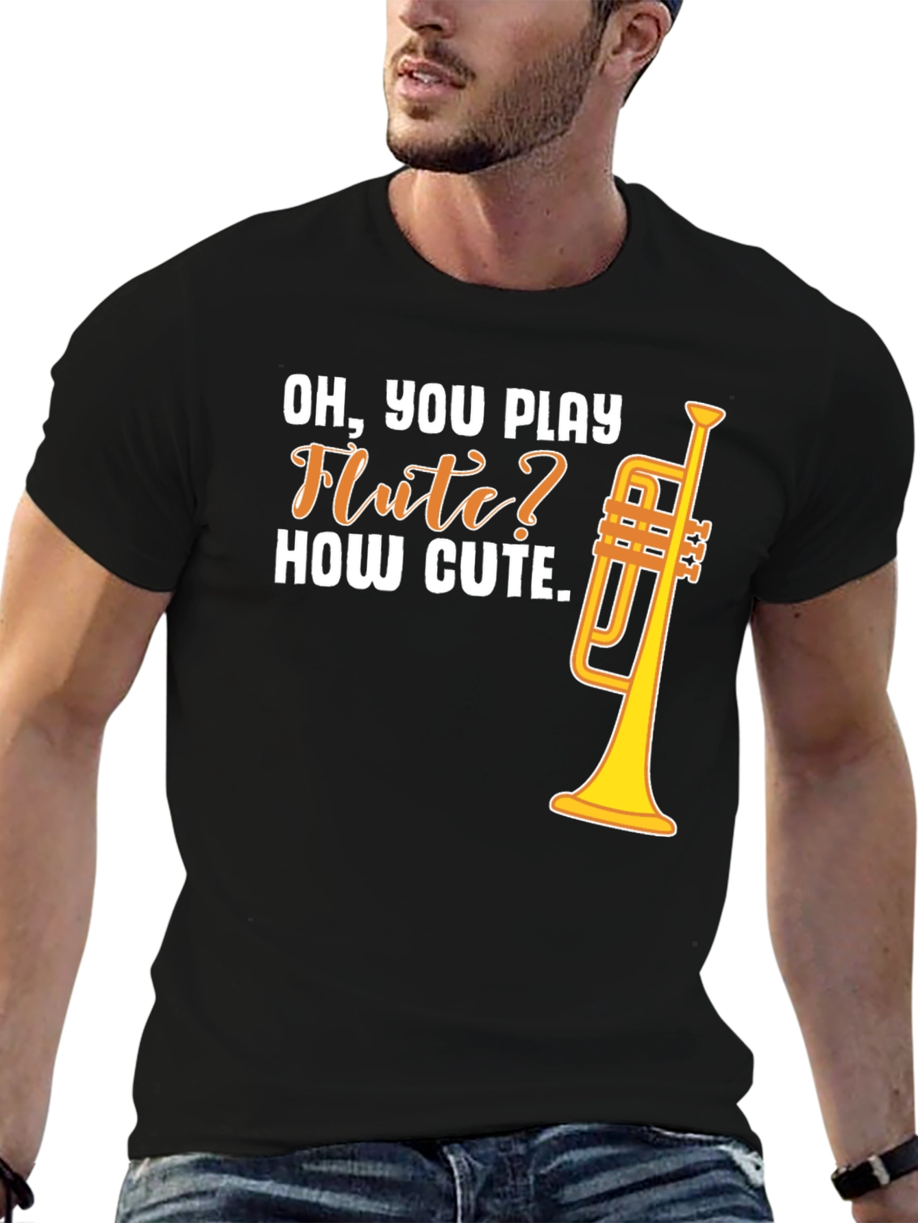 Black Funny Trumpet T-Shirt - "Oh, You Play Flute?" view 6