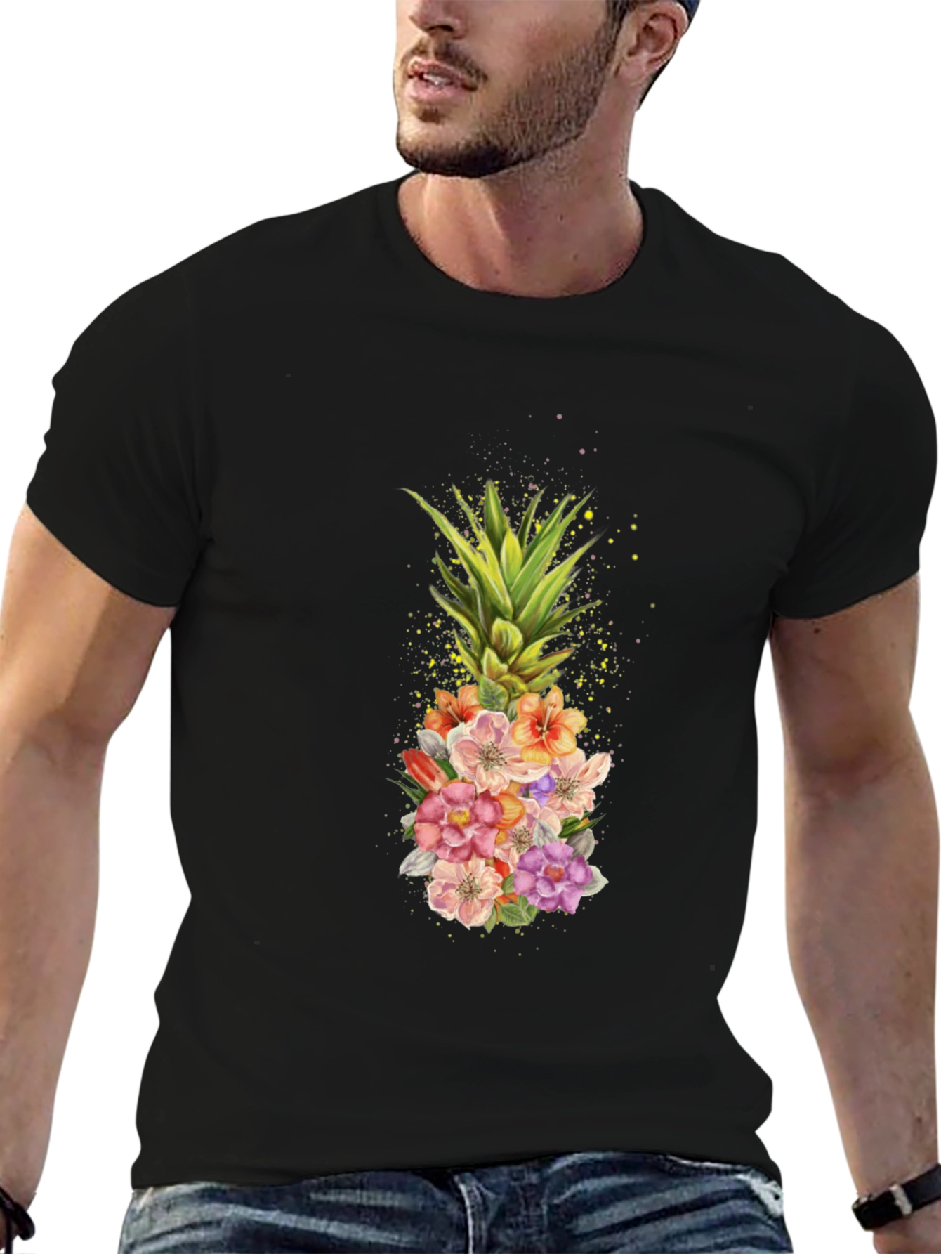 Black Floral Pineapple Graphic T-Shirt - Black view 6