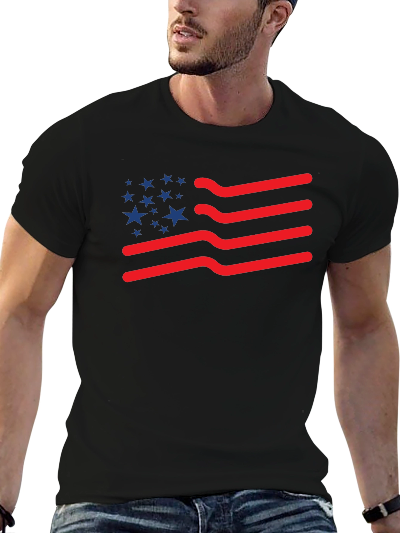 Black American Flag T-Shirt: Patriotic Wavy Stripes and Stars Tee view 6