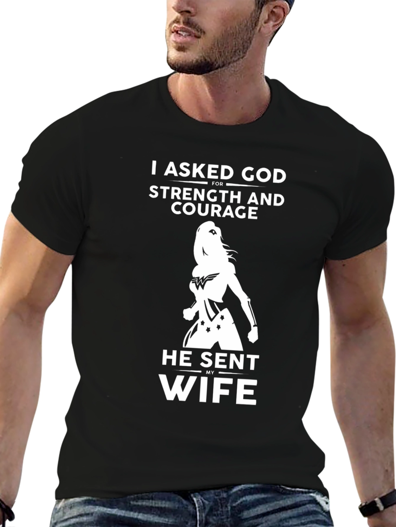 Black I Asked God For Strength T-Shirt - Gift for Husband view 6