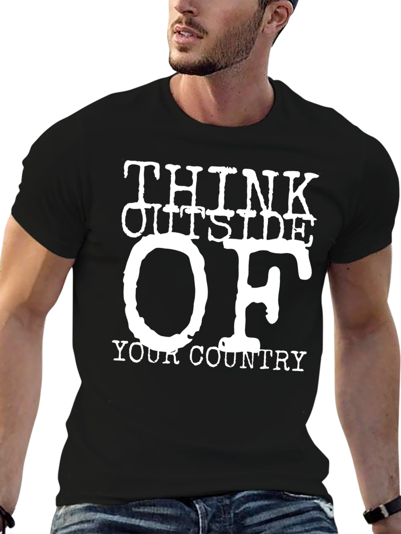 Black Think Outside Your Country T-Shirt, Novelty Graphic Tee view 6