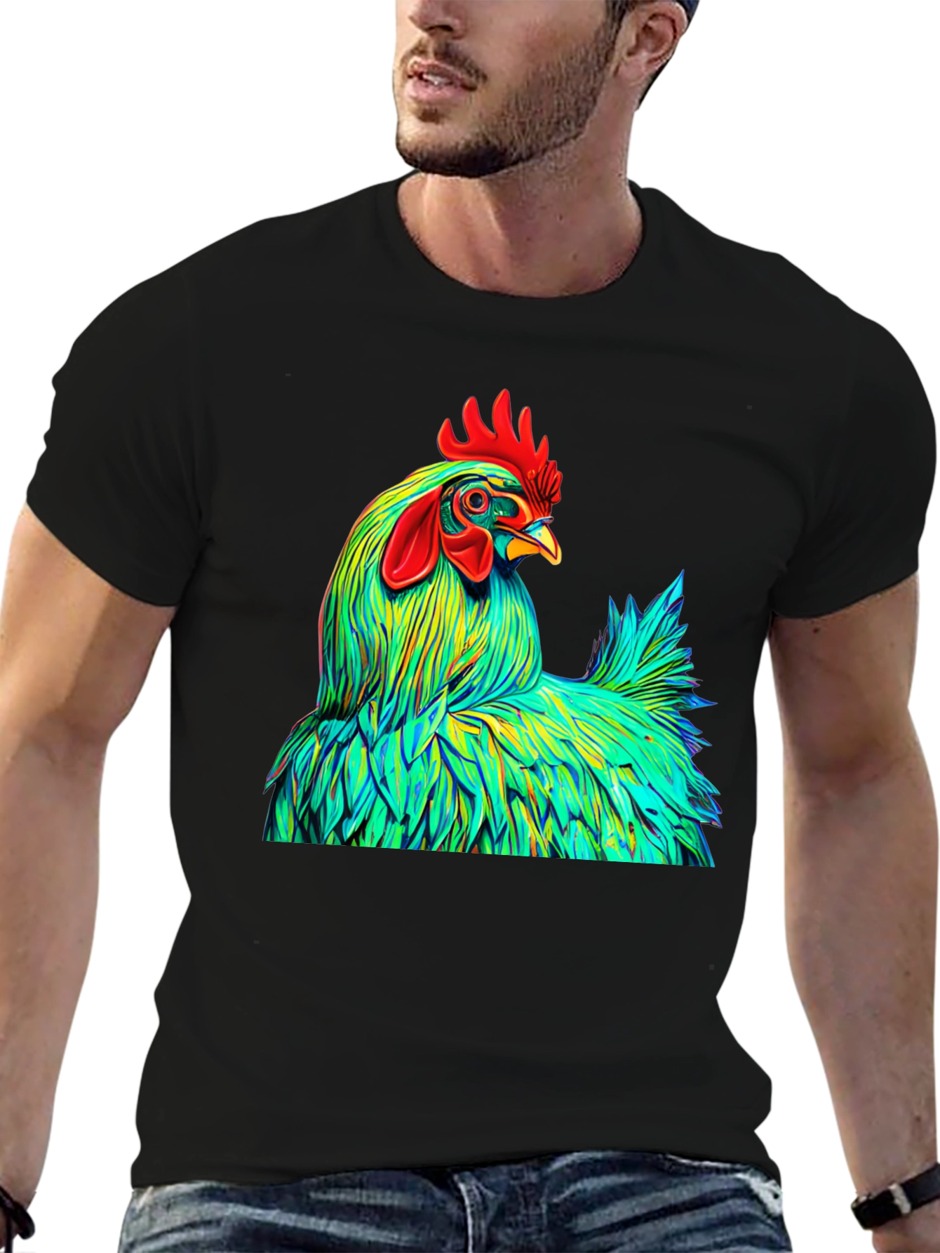 Black Vibrant Rooster Graphic Tee - Bold Style view 6