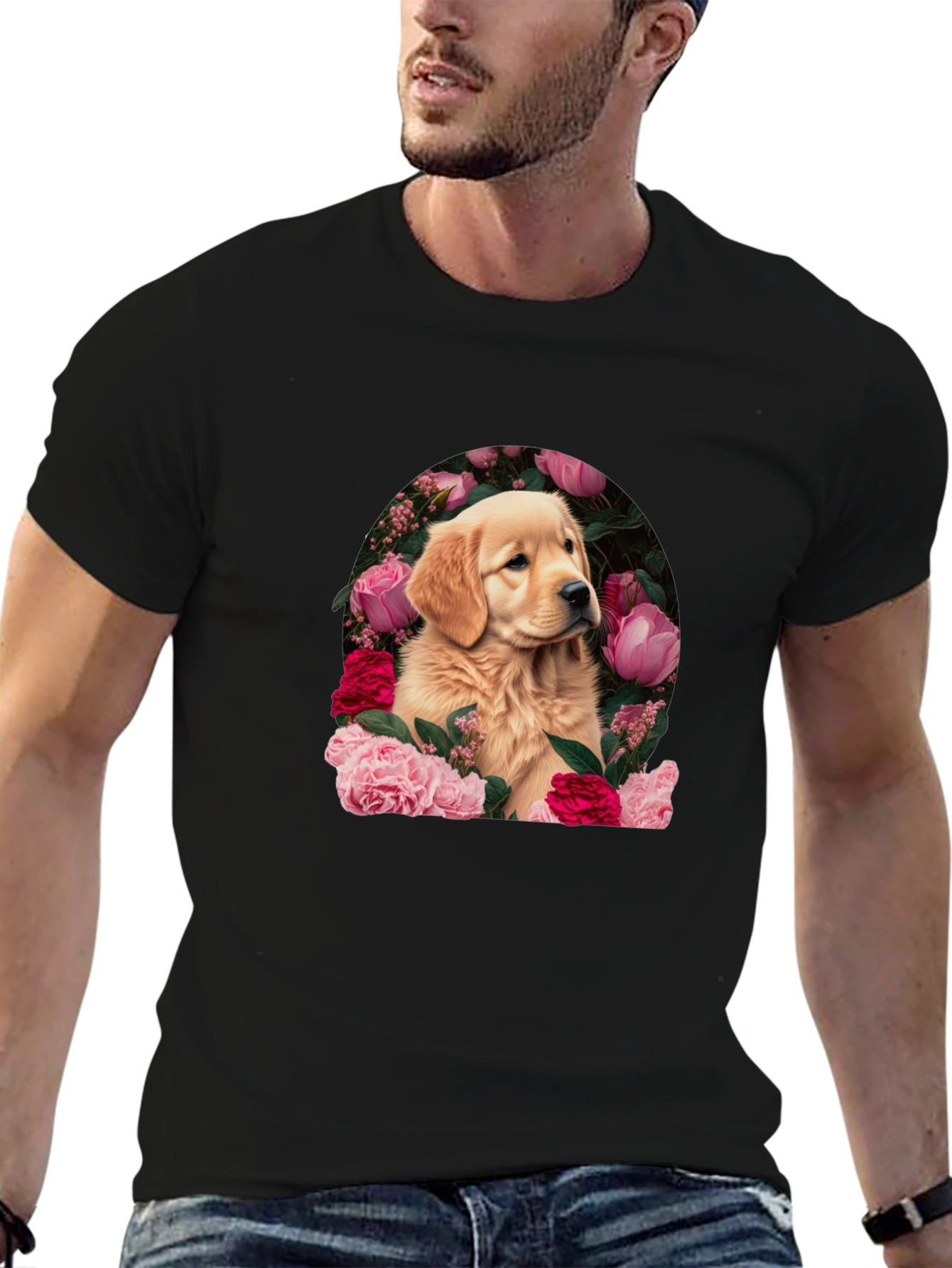 Black Golden Retriever & Floral Black T-Shirt view 6