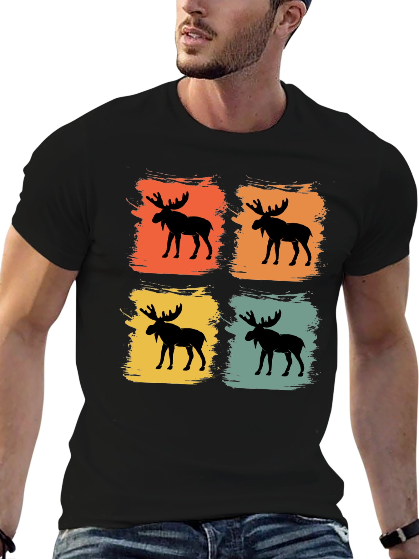 Black Retro Moose Graphic Tee - Black Cotton Blend Shirt view 6
