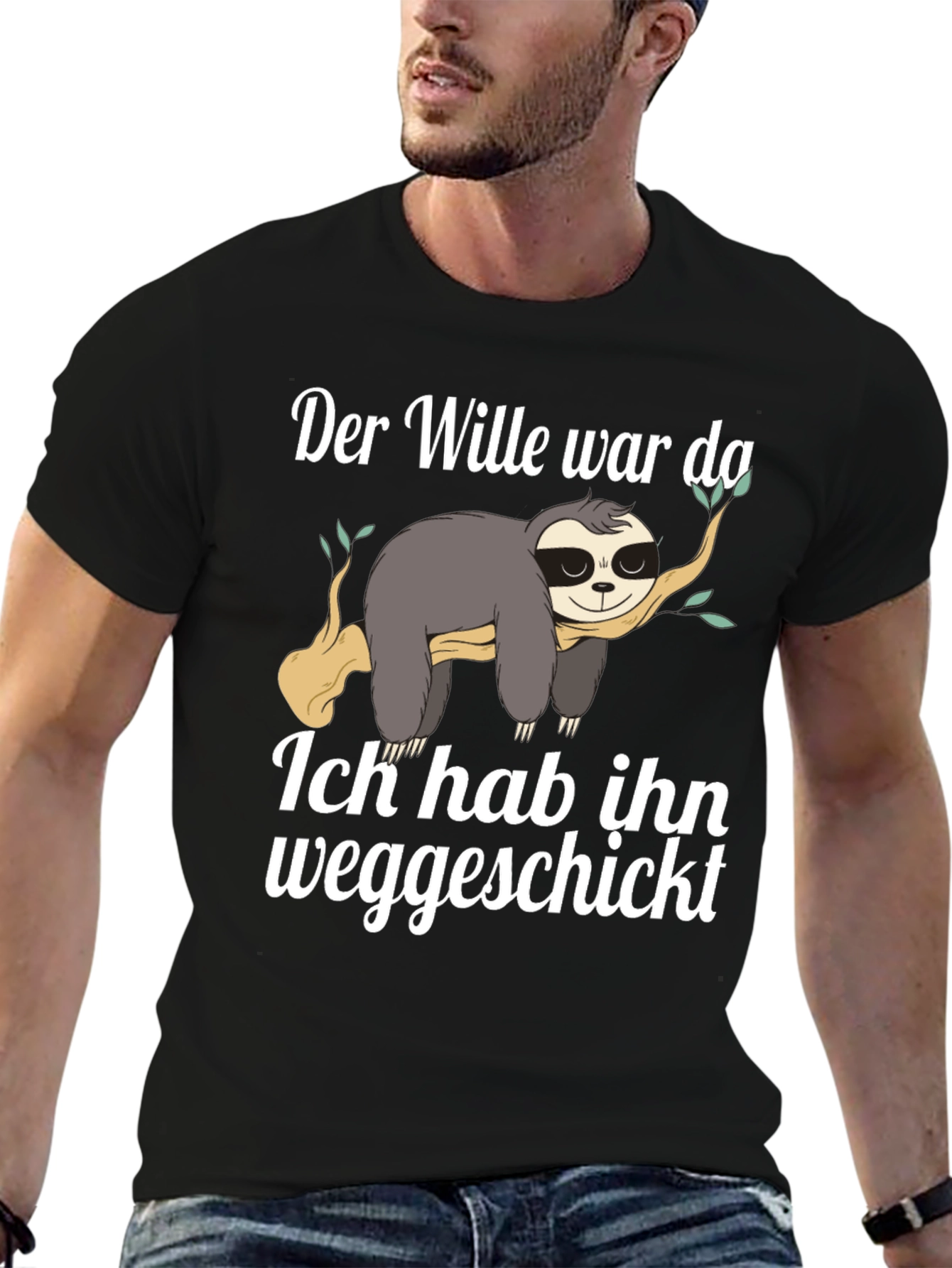Black Sloth Funny German T-Shirt "Der Wille war da" view 6
