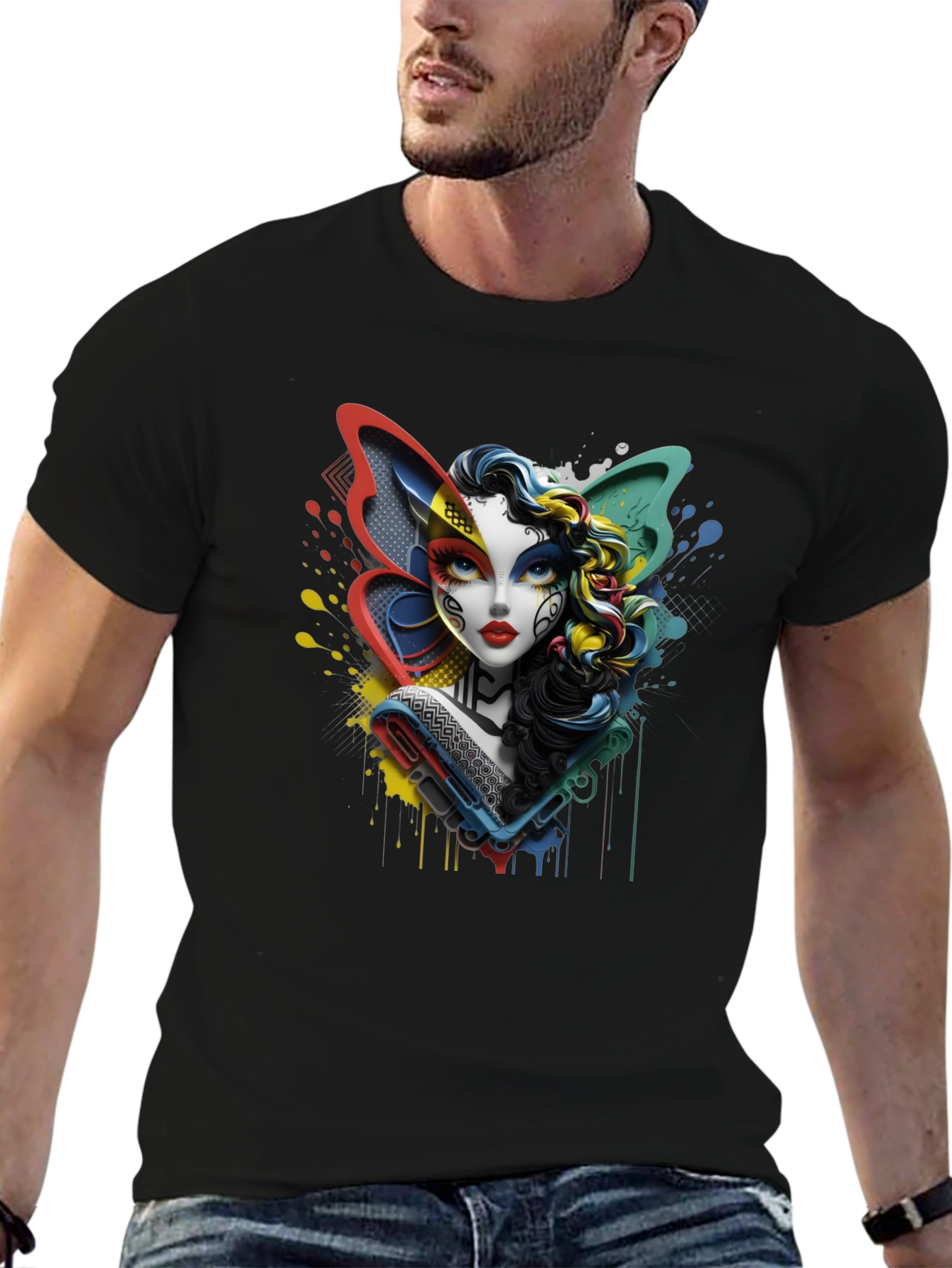 Black Colorful Abstract Woman Graphic Print Black T-Shirt view 6