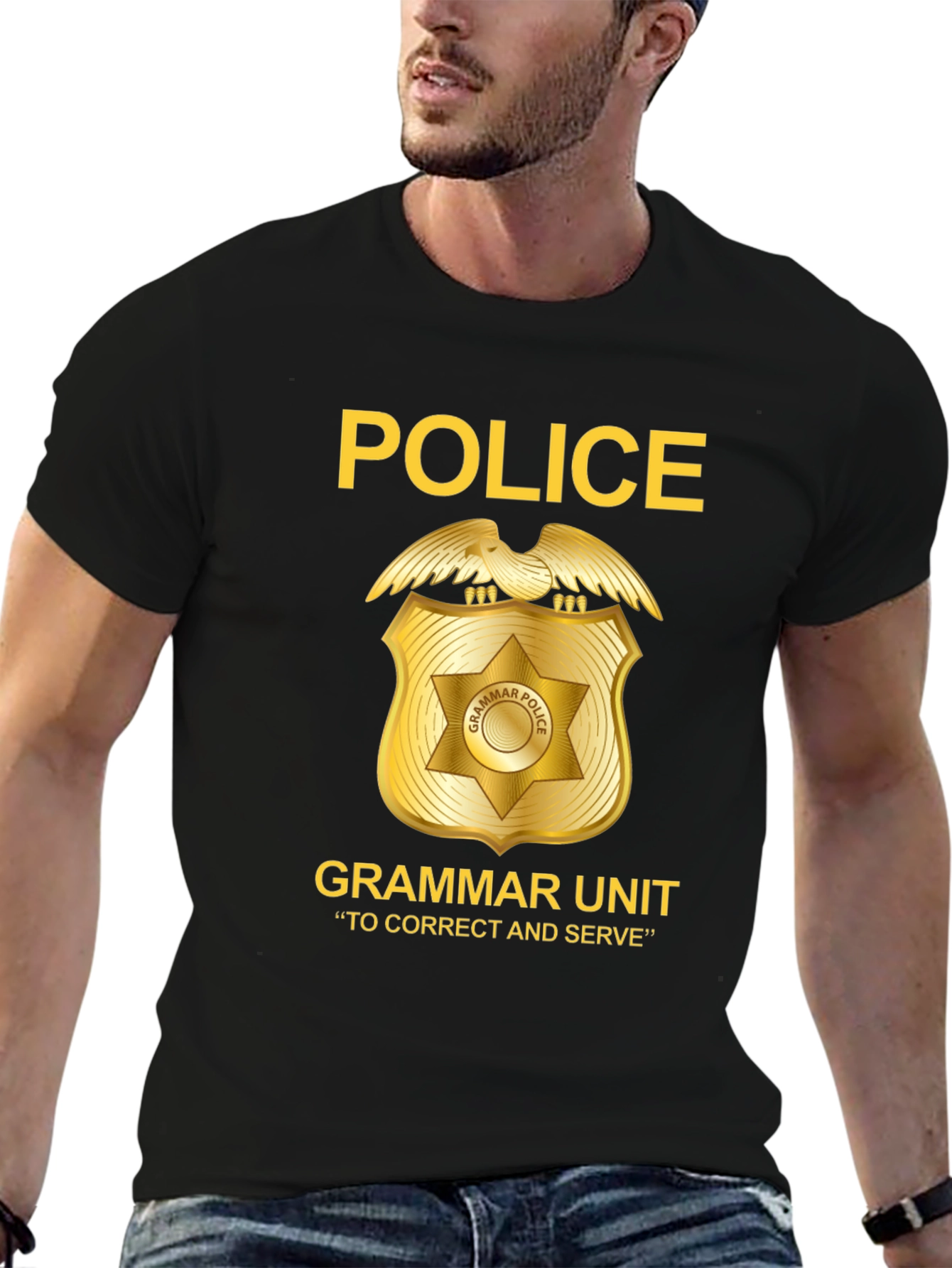 Black Grammar Police T-Shirt - Correct and Serve view 6