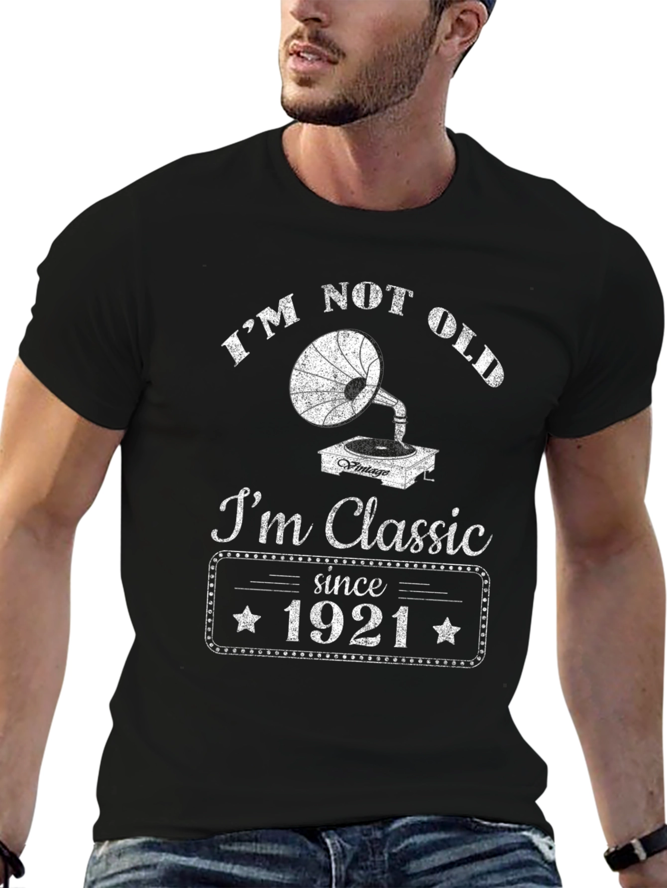 Black Vintage Style 'I'm Classic Since 1921' Black T-Shirt view 6