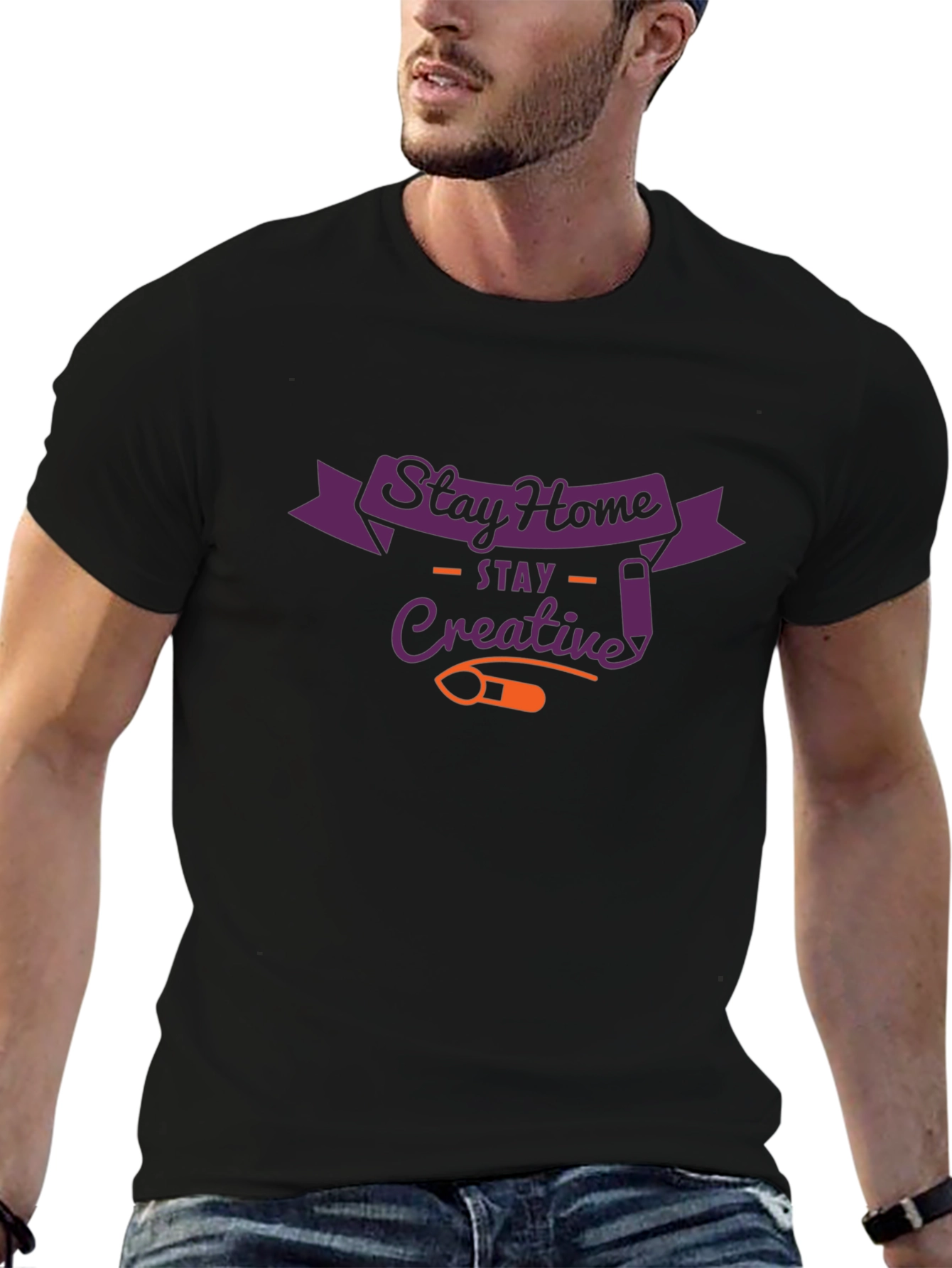 Black Stay Home Creative Black Graphic T-Shirt view 6
