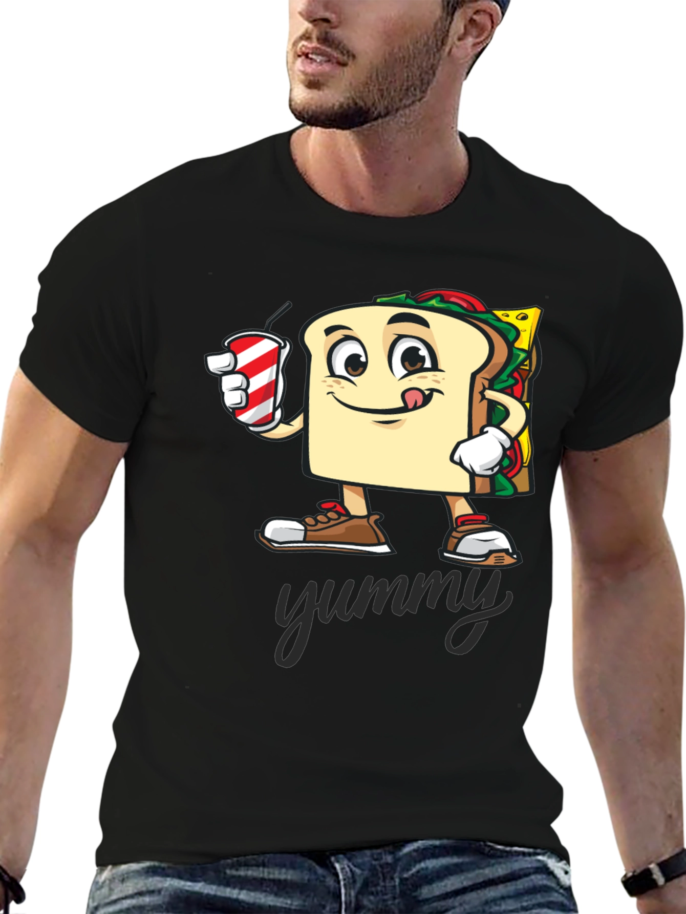 Black Sandwich Cartoon T-Shirt - "Yummy" Design view 6