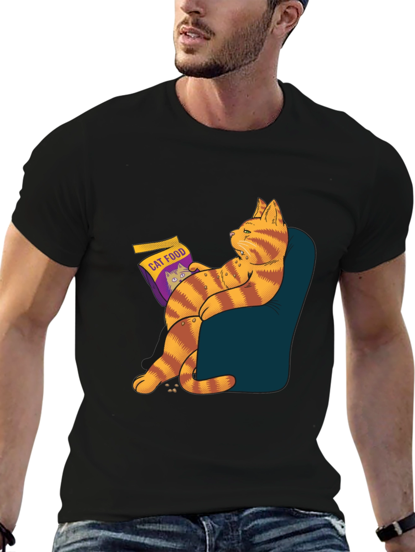 Black Funny Cat Food T-Shirt - Lazy Cat Design view 6