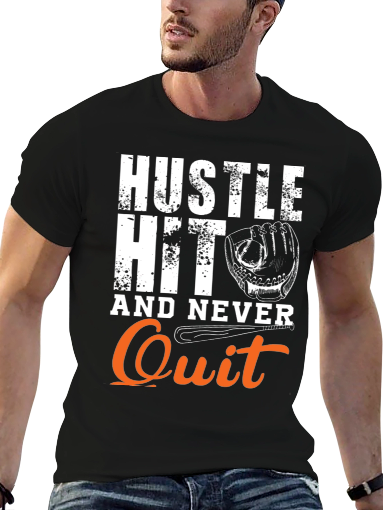 Black Hustle Hit Never Quit Baseball T-Shirt view 6