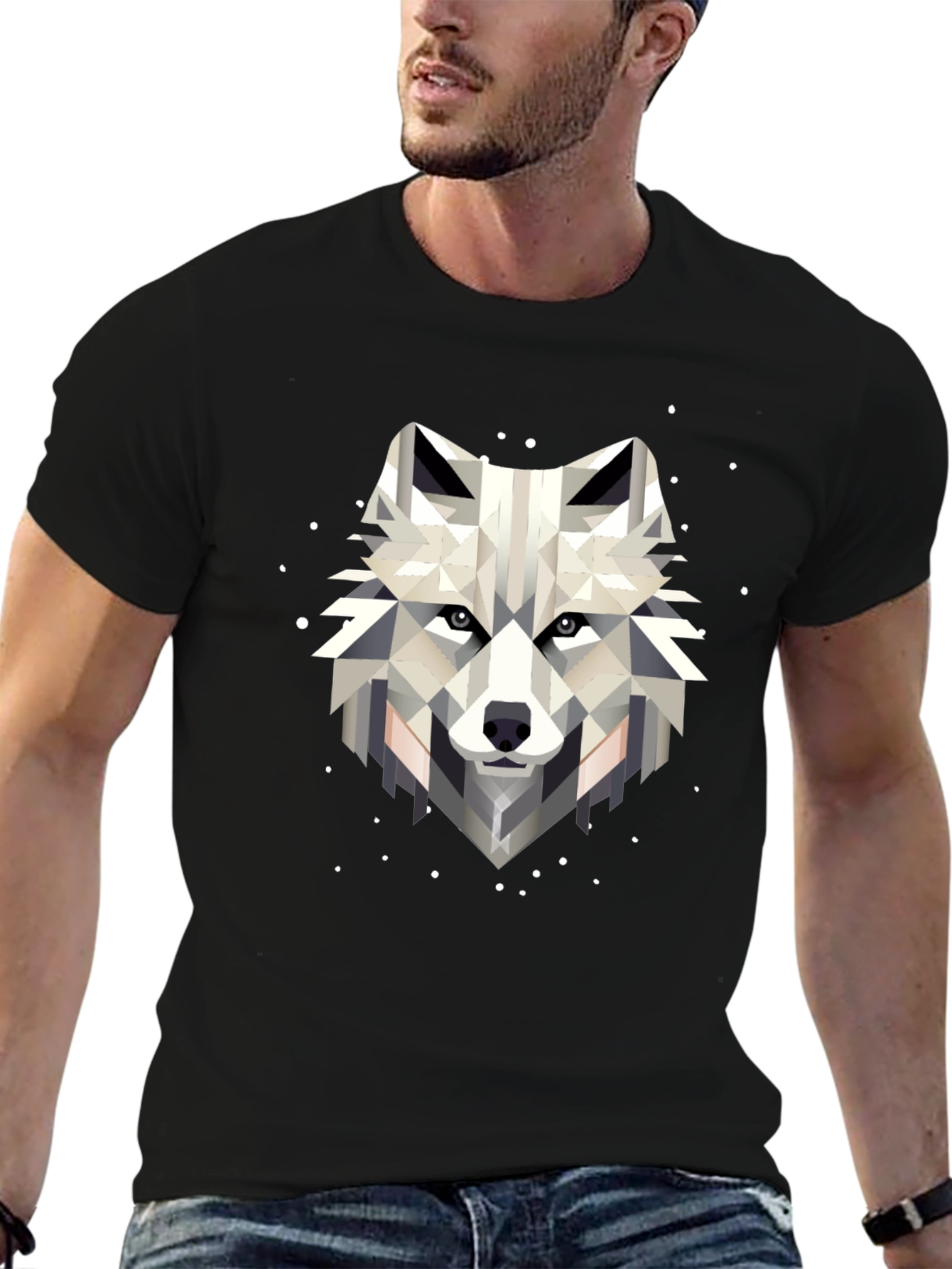 Black Geometric Wolf Graphic Black T-Shirt view 6