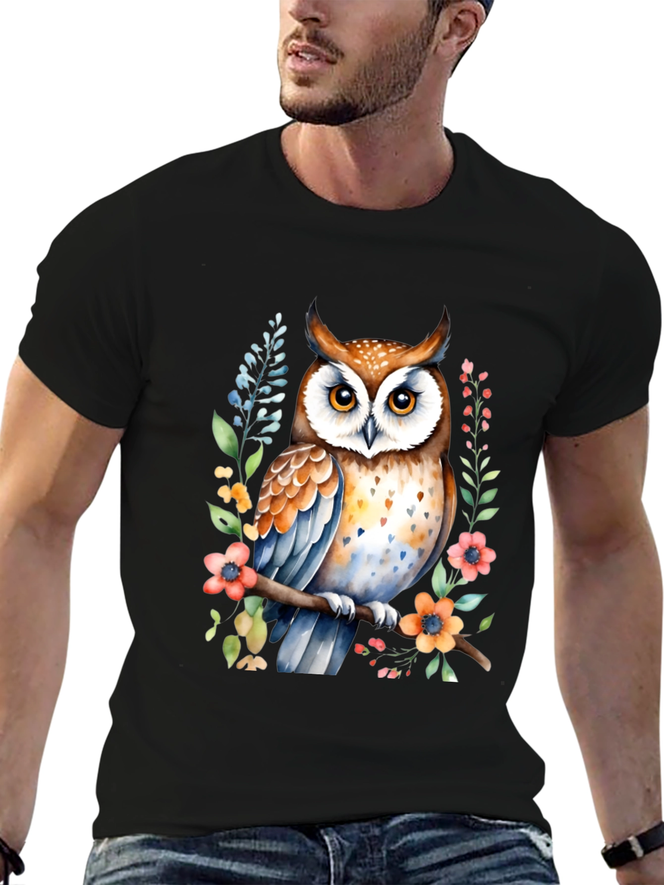 Black Owl Watercolor Graphic Tee - Unique Floral Design view 6