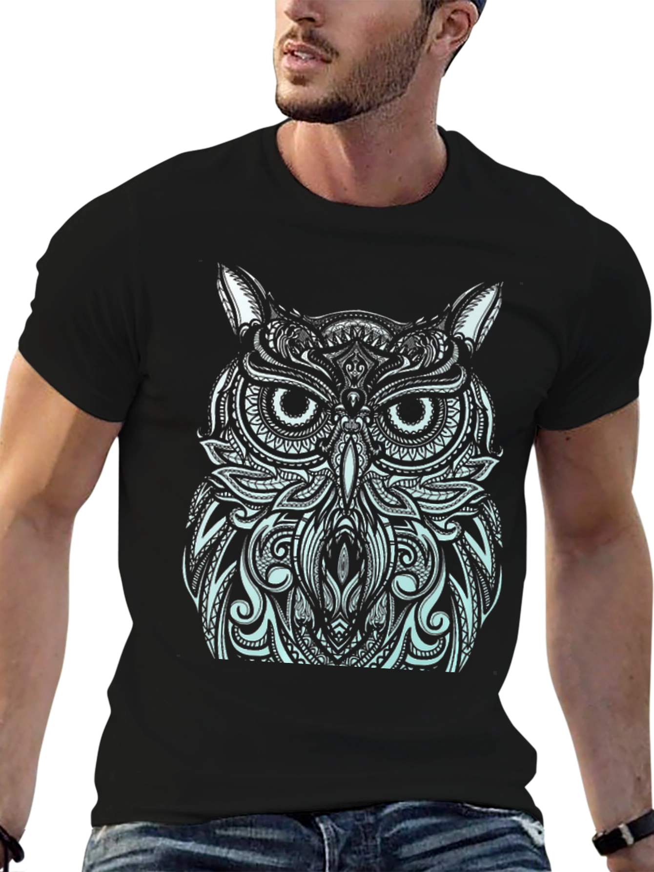 Black Owl Graphic Print Black T-Shirt view 6
