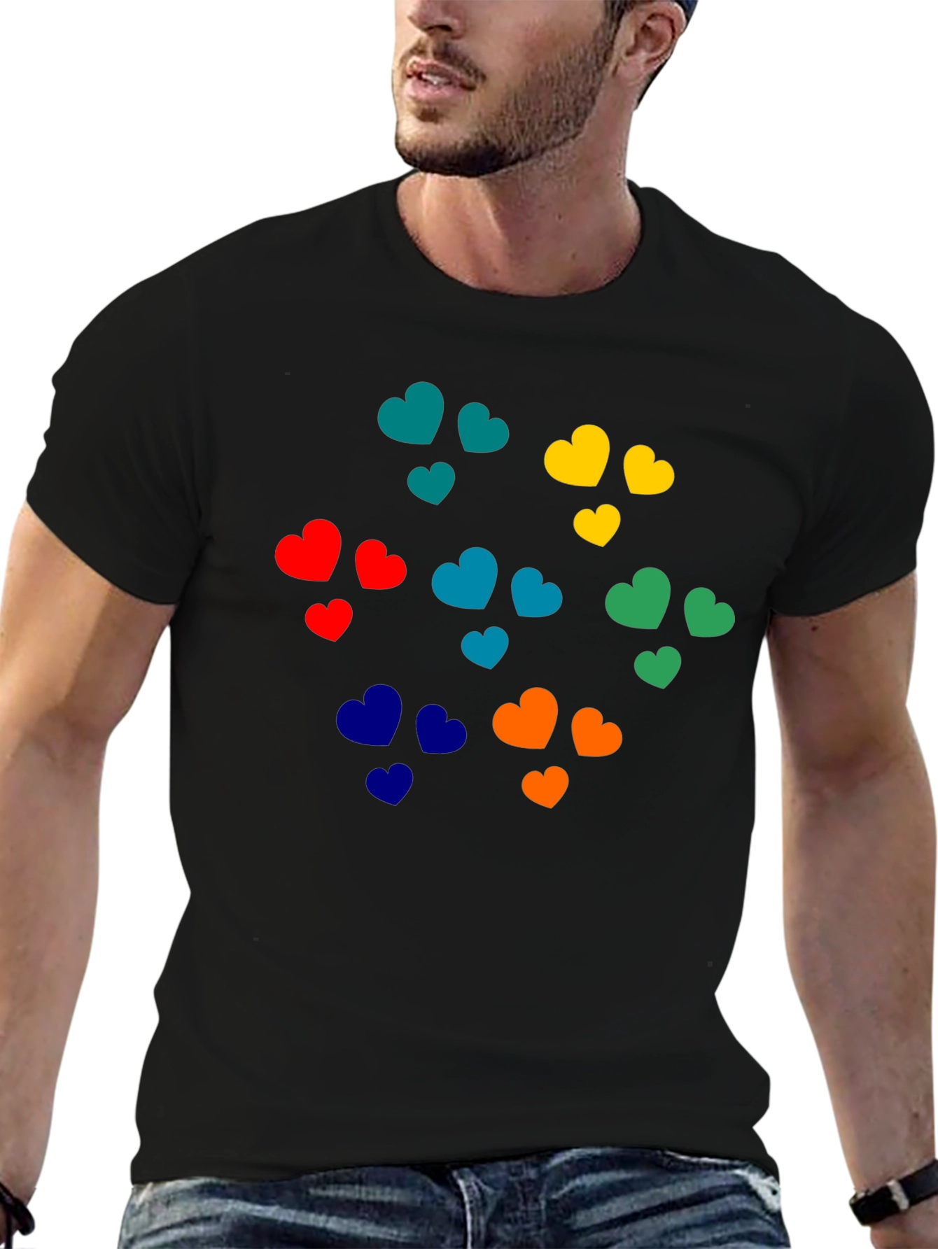 Black Colorful Hearts Graphic Black T-Shirt view 6