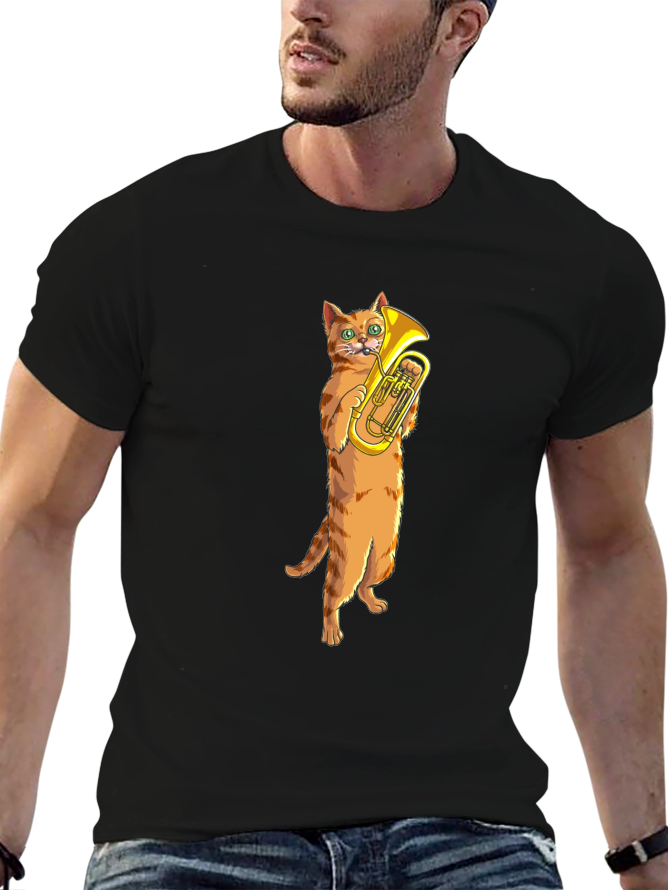 Black Cat Tuba Player Black T-Shirt view 6