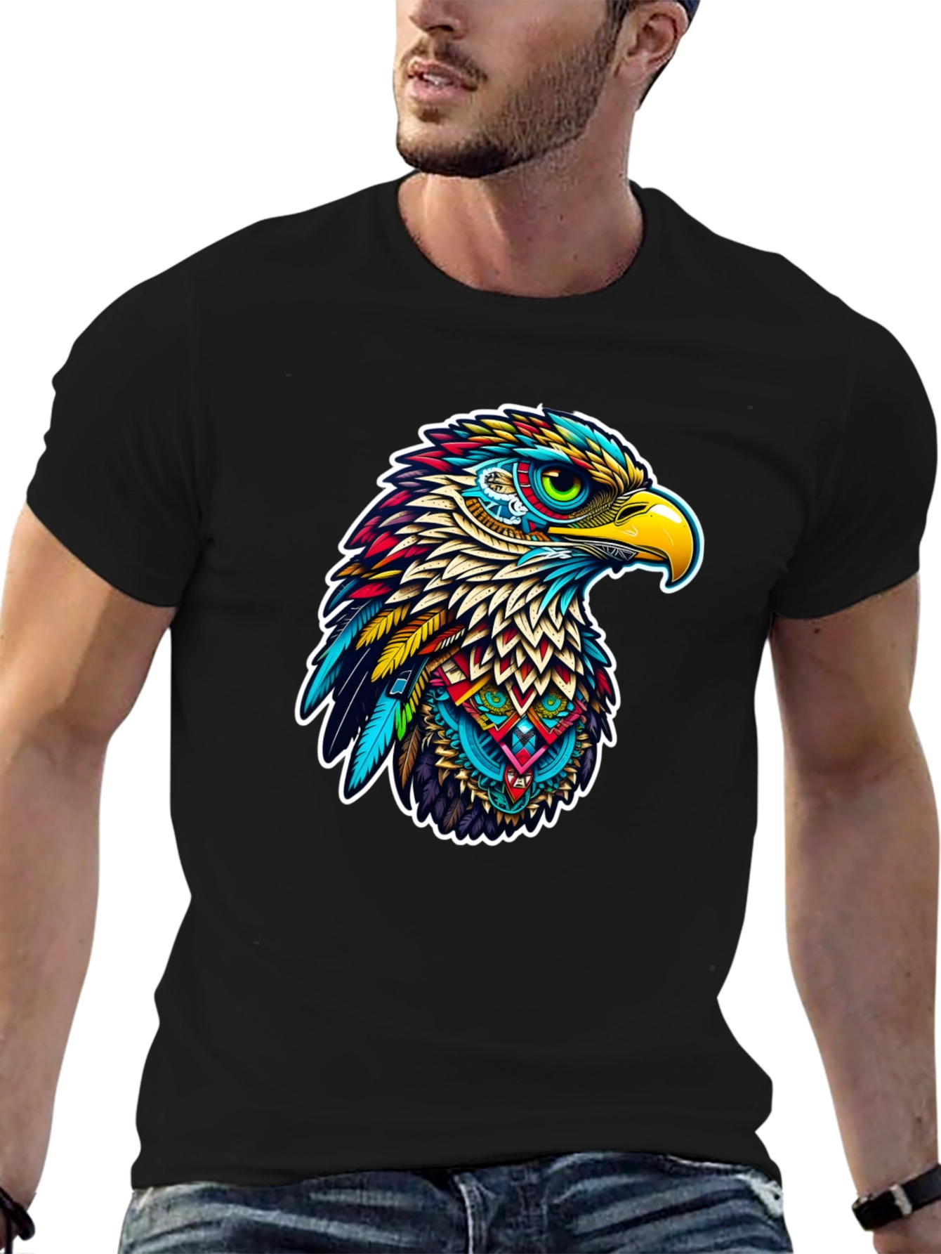 Black Vibrant Eagle Graphic Tee - Stylish Men's Black T-Shirt view 6