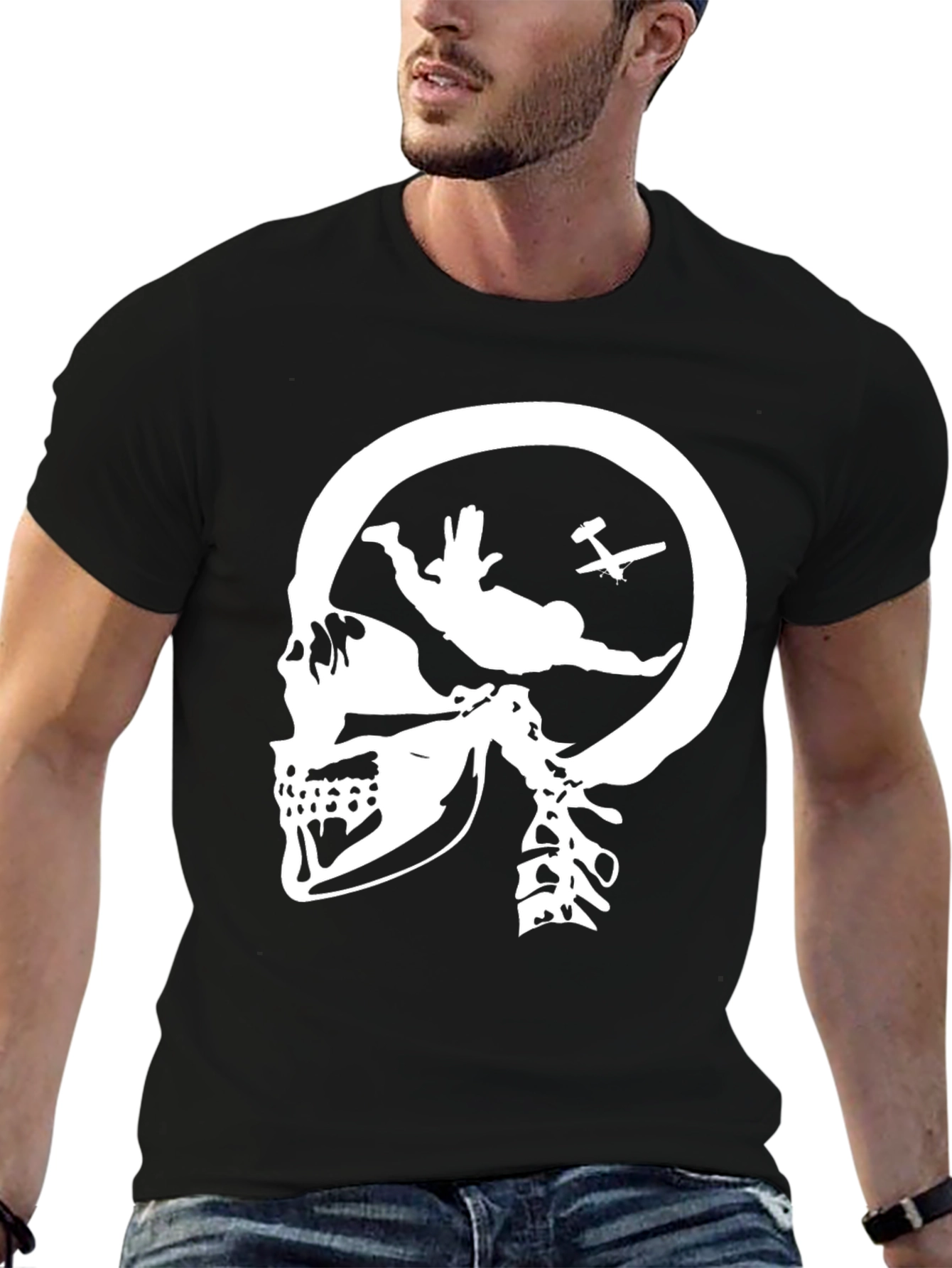 Black Skull Skydiving T-Shirt - Black Graphic Tee view 6