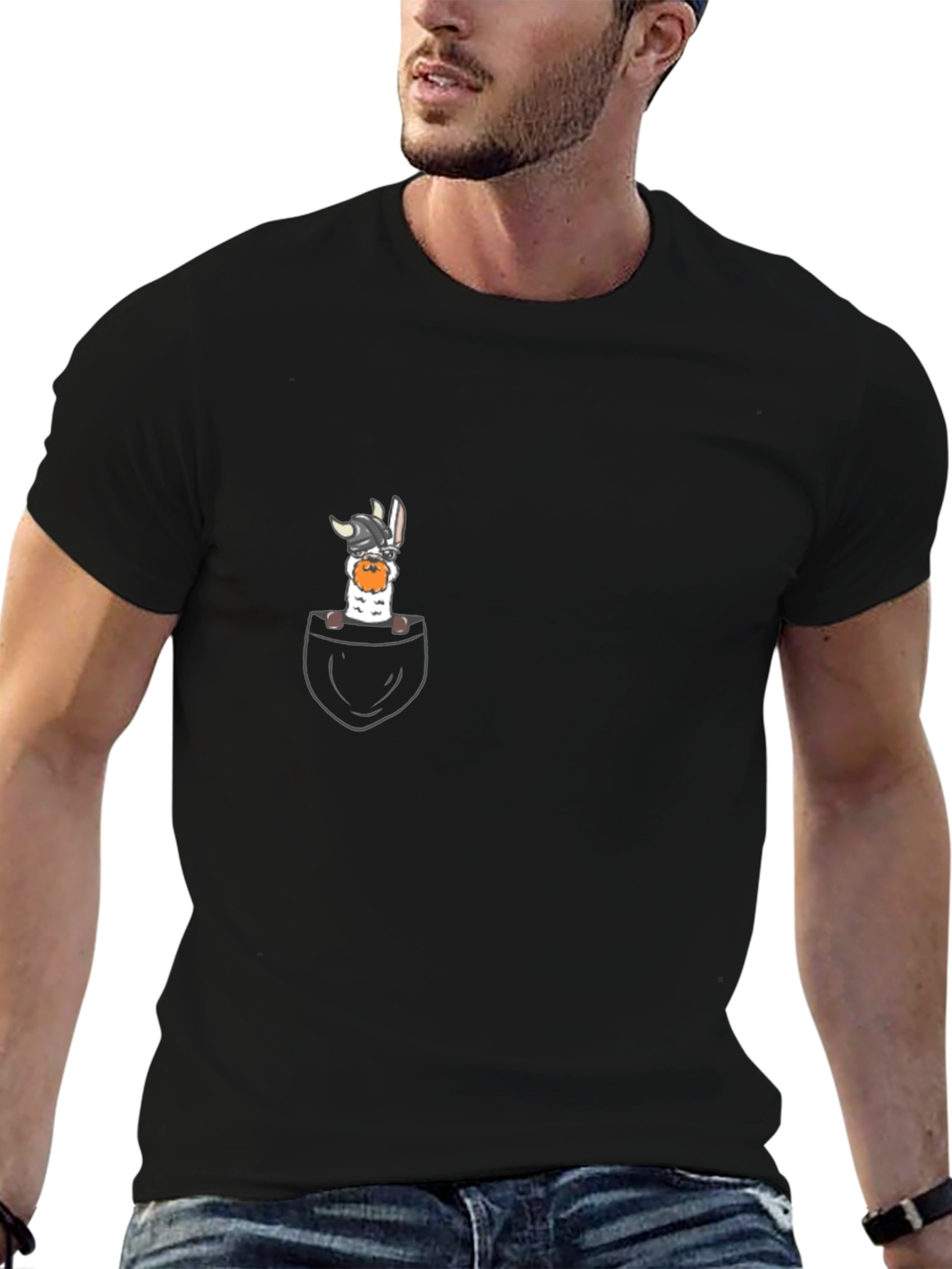 Black Funny Llama Viking Pocket Print T-Shirt view 6