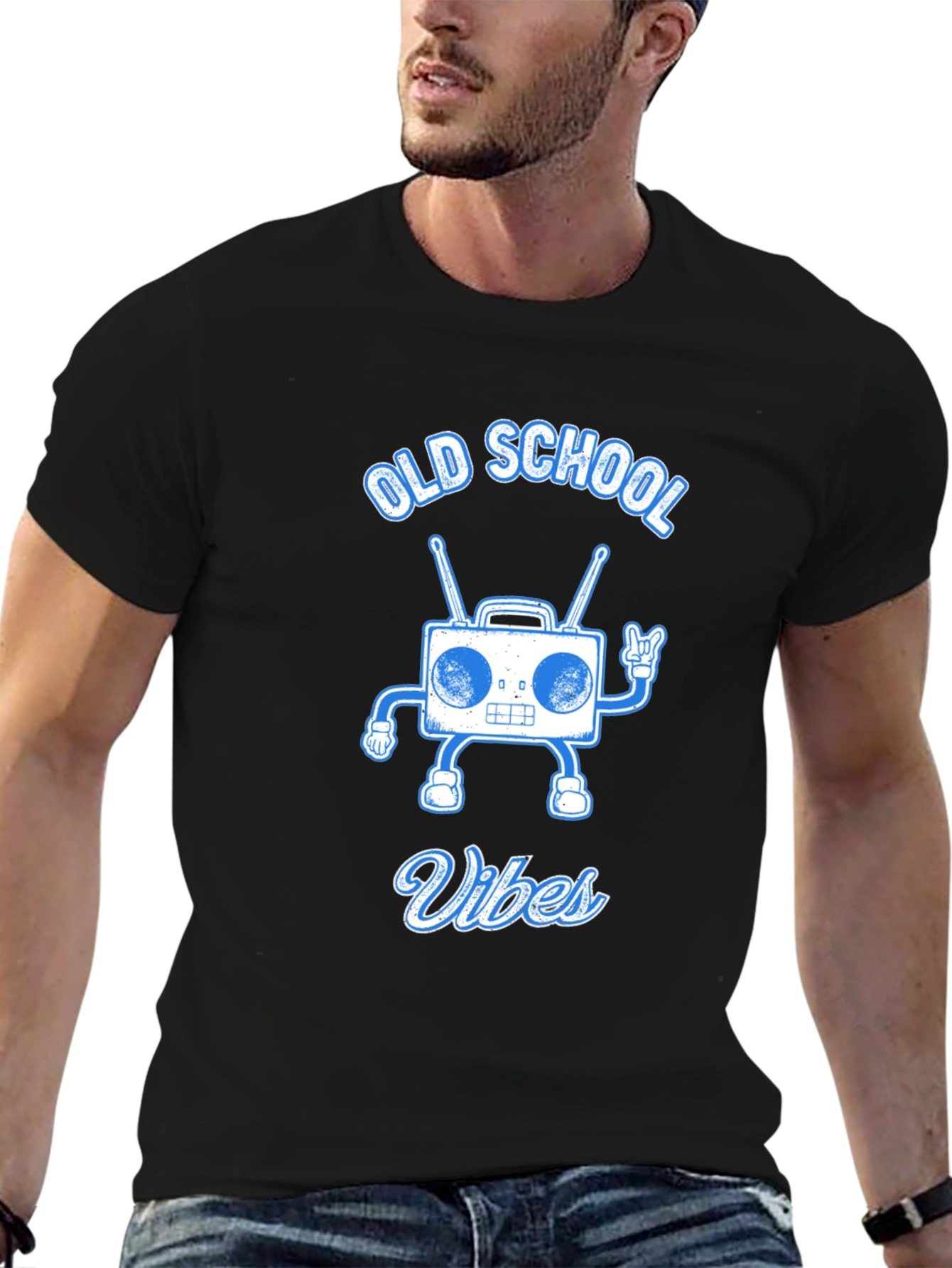 Black Old School Vibes Graphic Tee - Retro Radio Design view 6