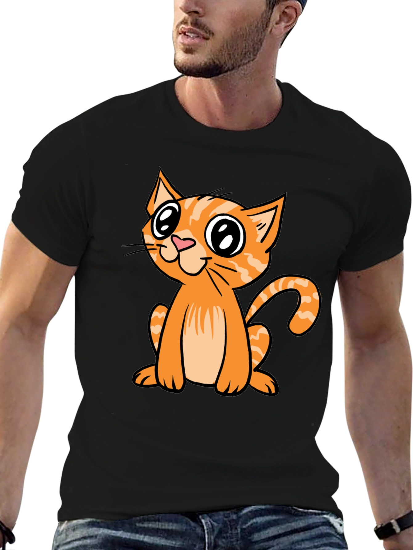 Black Cute Cartoon Cat Black T-Shirt view 6