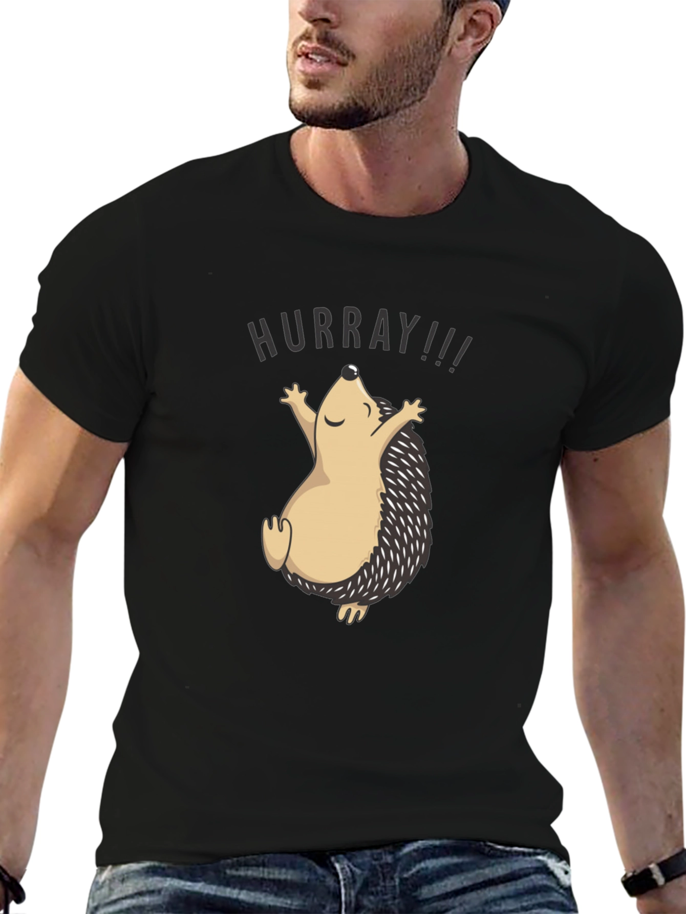 Black HURRAY Hedgehog T-Shirt - Unisex Black Tee view 6
