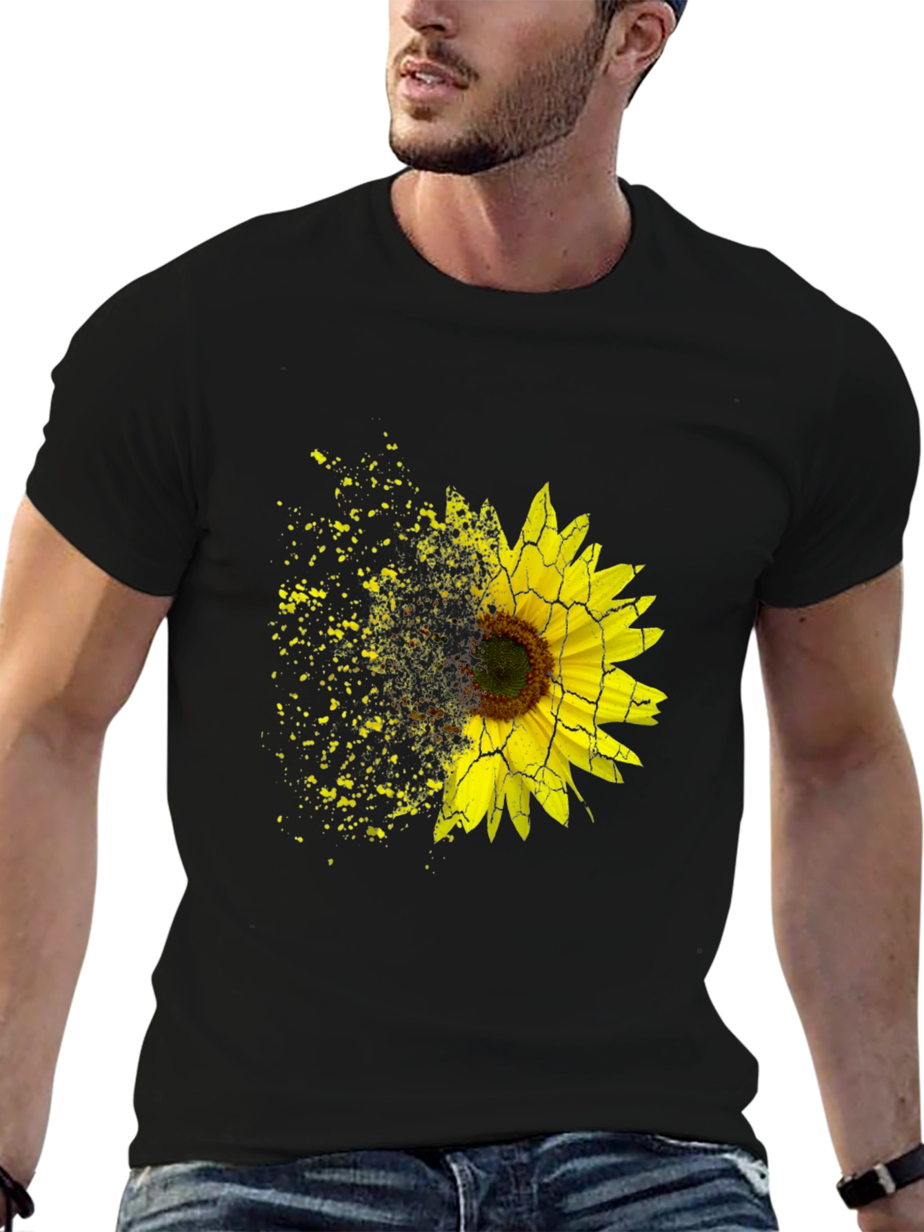 Black Sunflower Shatter Print Black T-Shirt view 6