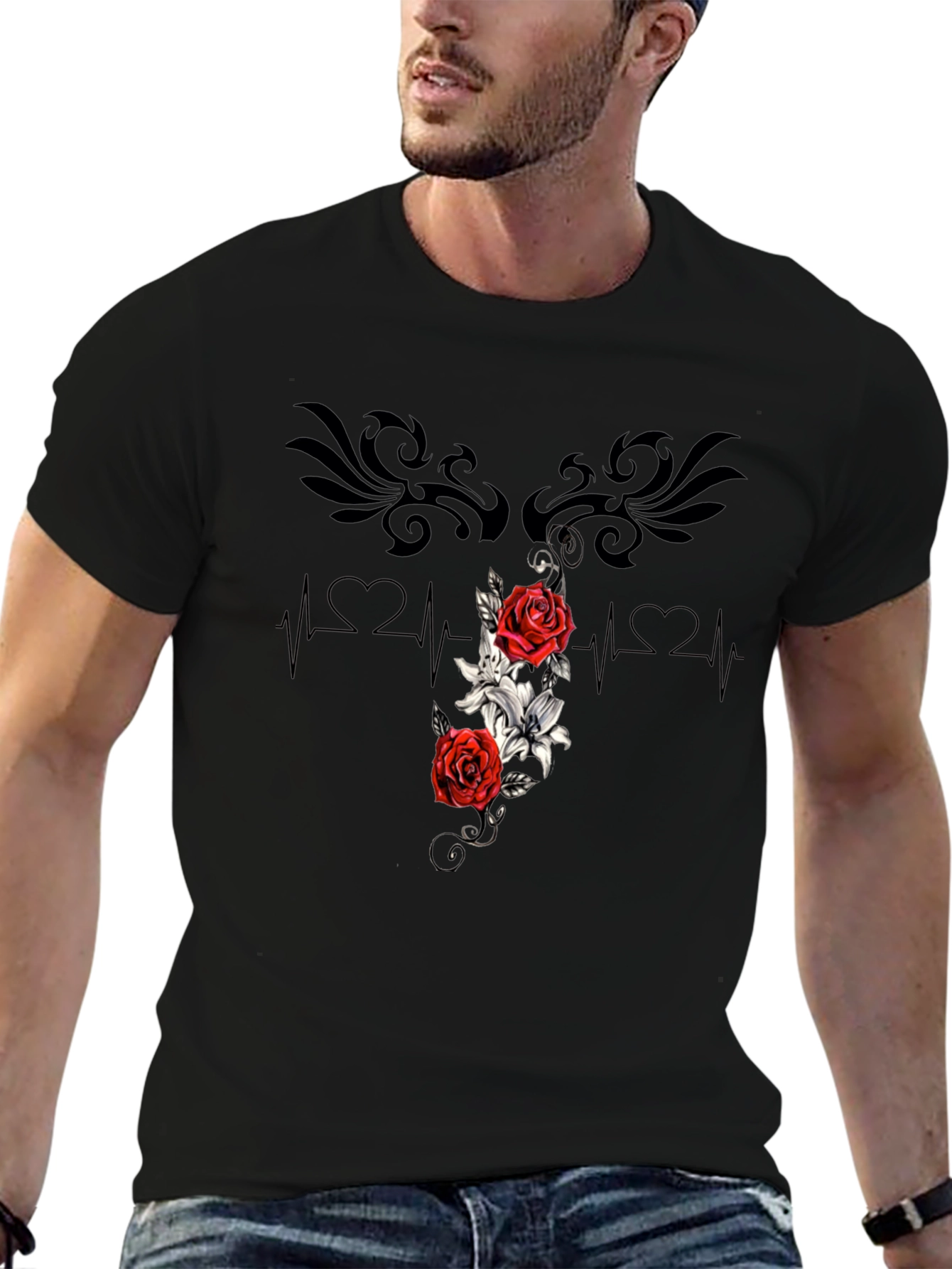 Black Floral Heartbeat T-Shirt - Stylish Graphic Tee view 6