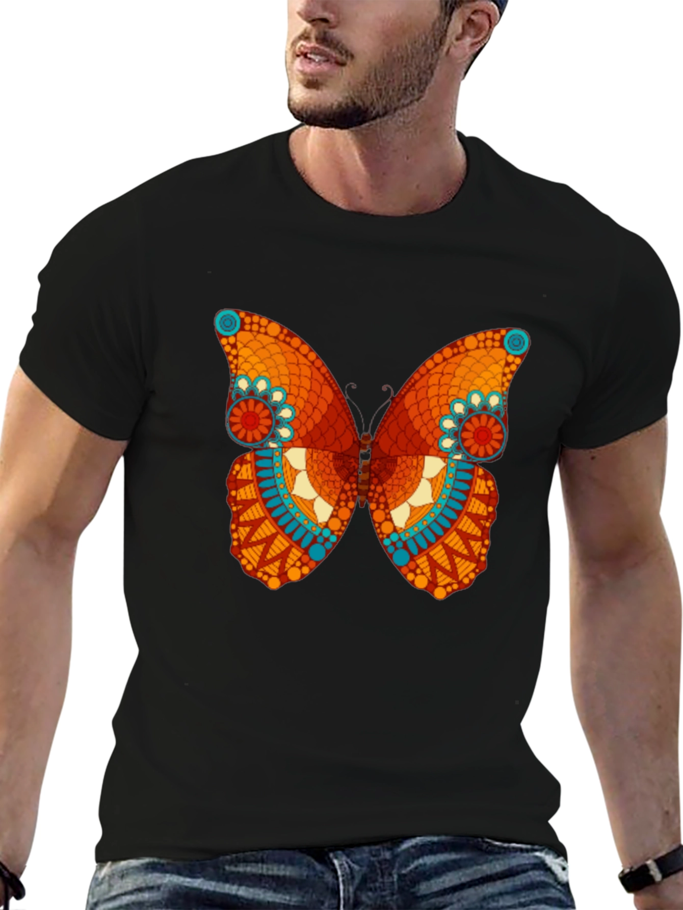 Butterfly Mandala Graphic Tee - Stylish Men's Black T-Shirt - 6