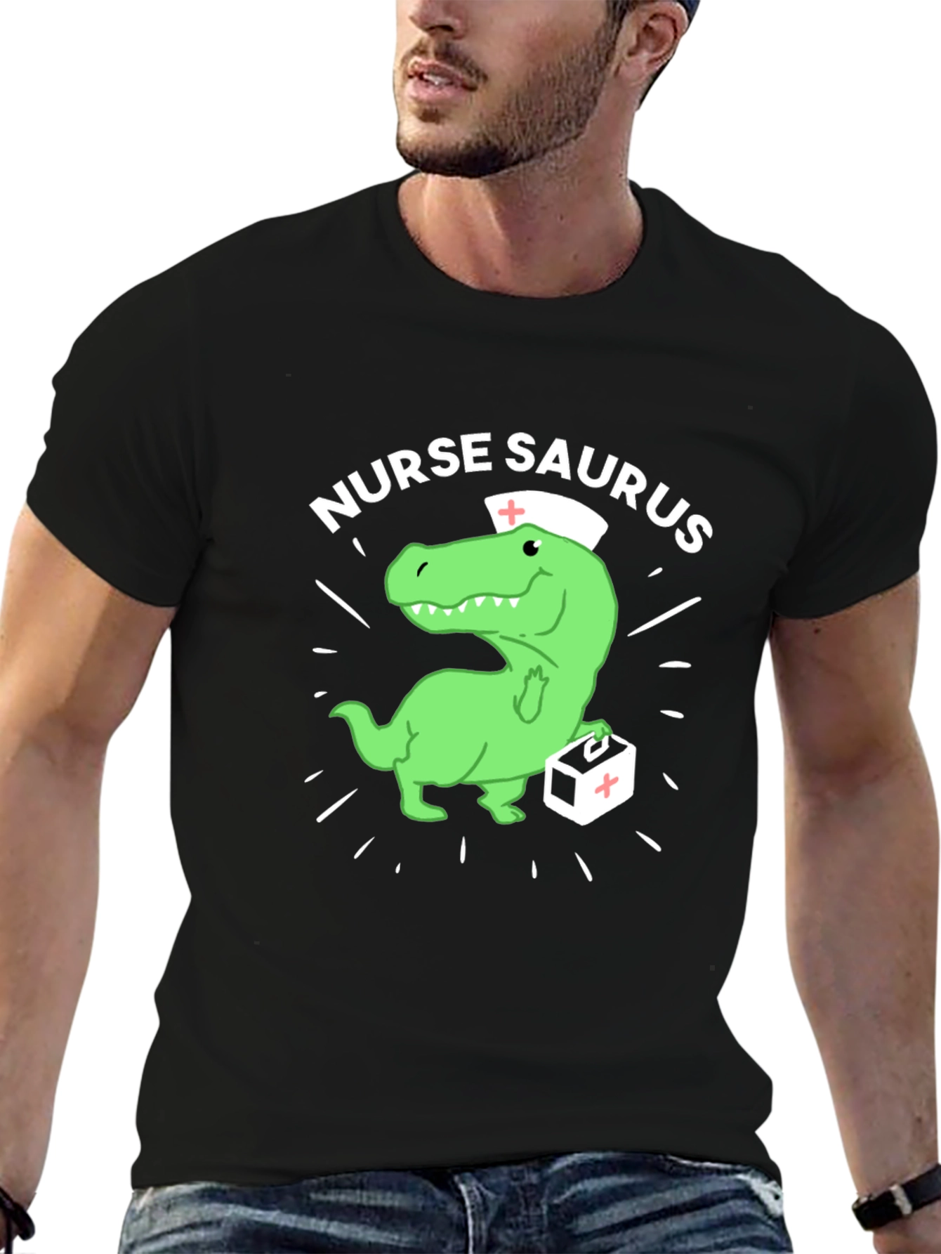 Black Nurse Saurus T-Shirt - Funny Dinosaur Nursing Tee view 6
