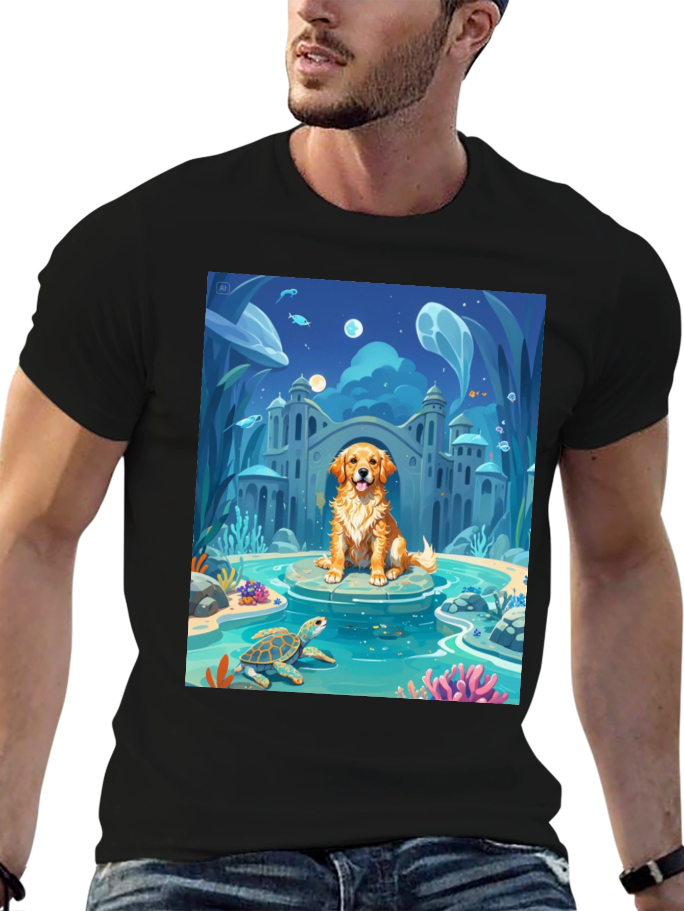 Black Underwater Dog Cartoon Graphic Tee view 6