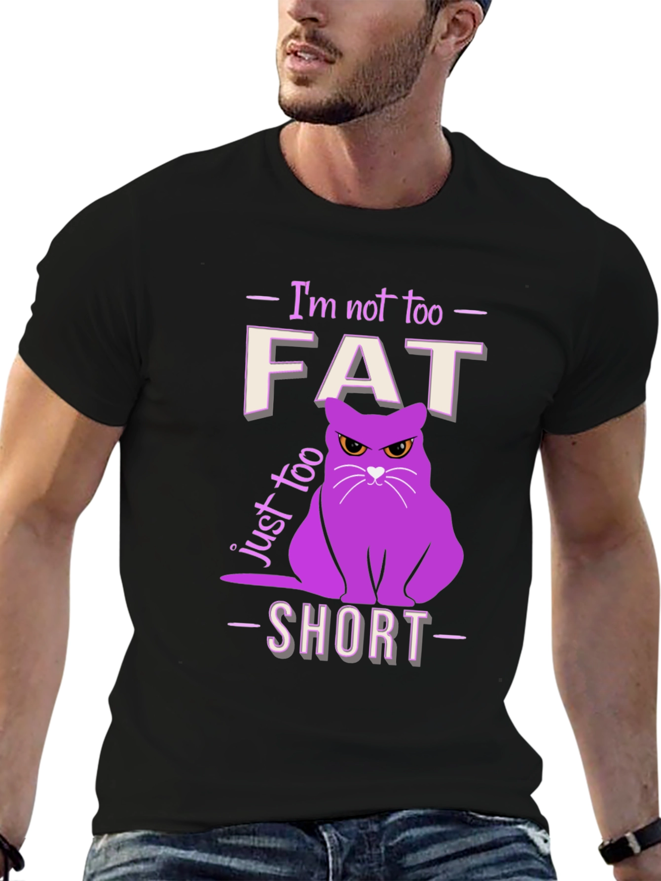 Black Funny Cat T-Shirt - Not Fat, Just Too Short! view 6