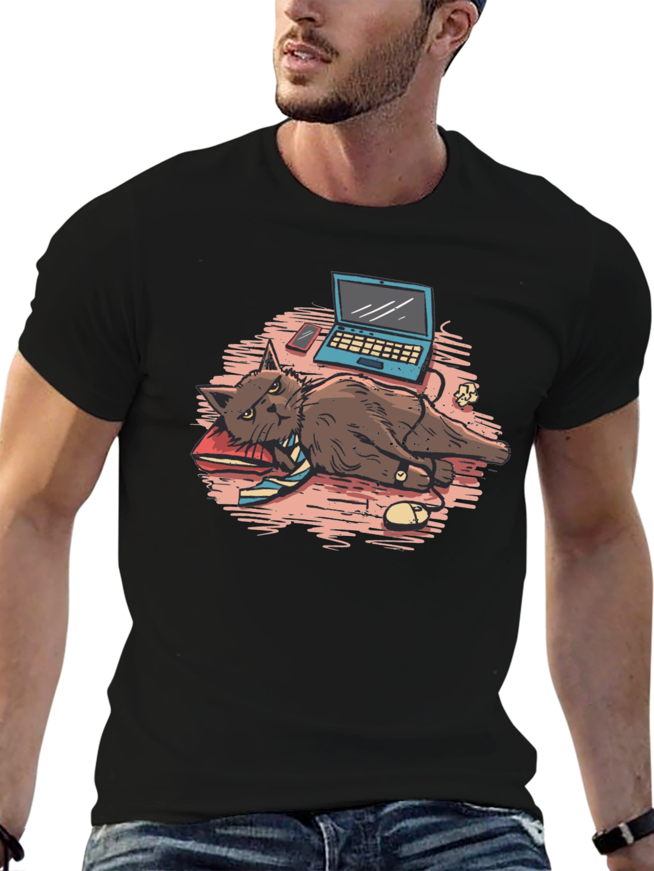 Black Work From Home Cat Graphic Tee view 6